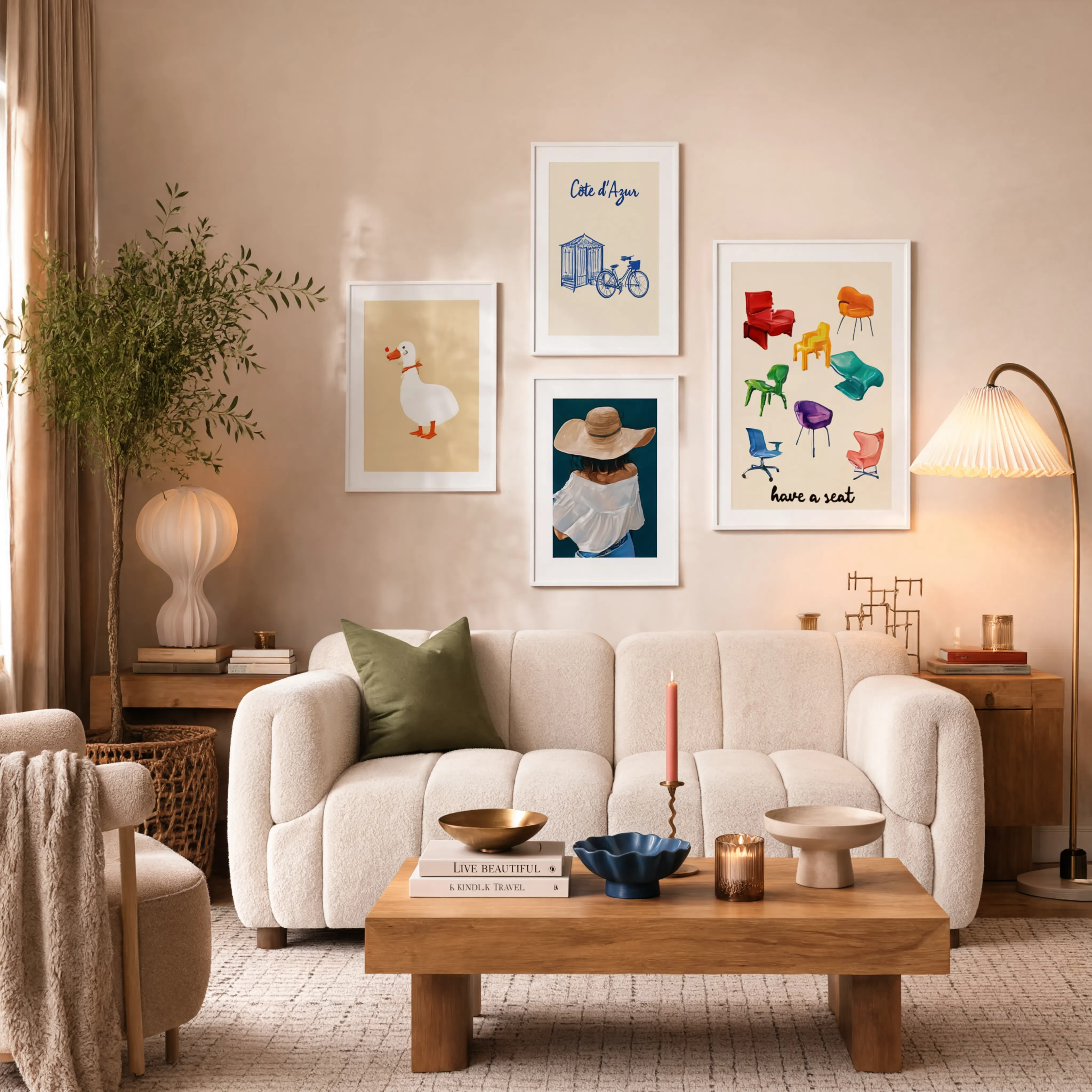 Set of 4 Contemporary Minimalist & Illustrative Art Prints – Colour, Character & Riviera Elegance Gallery Wall Collection