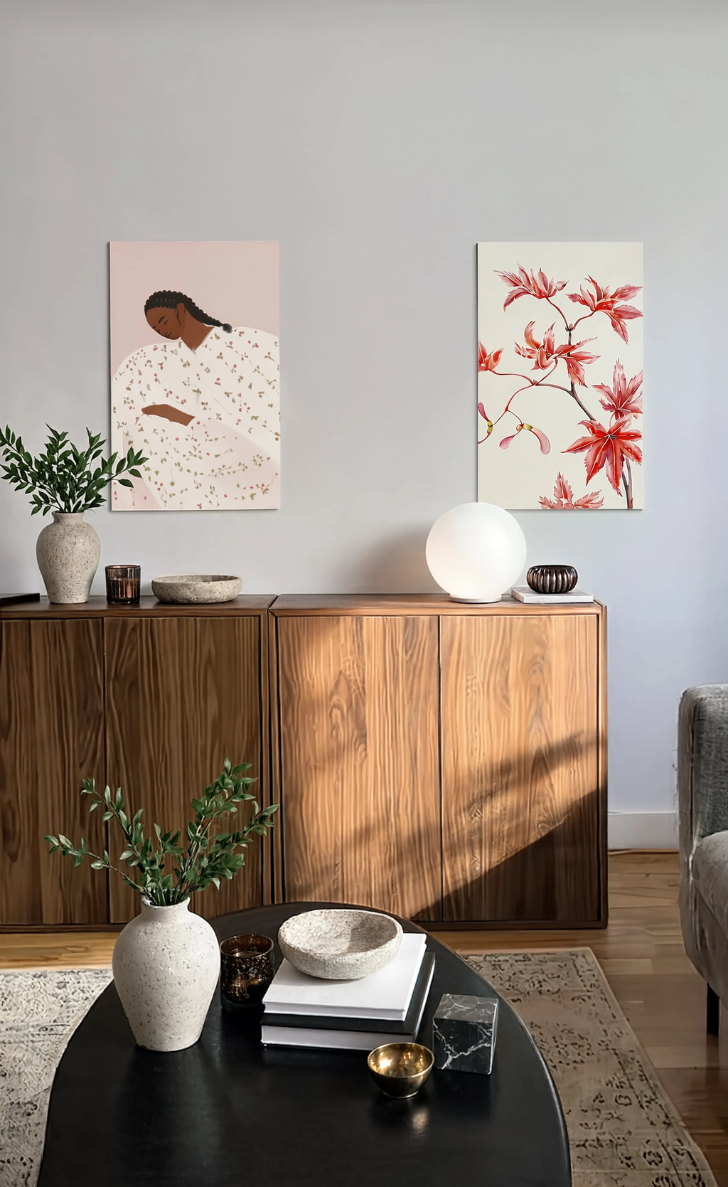 Set of 2 Botanical & Portrait Wall Art Prints – Maple Branch & Braided Hair Japanese Gallery Se