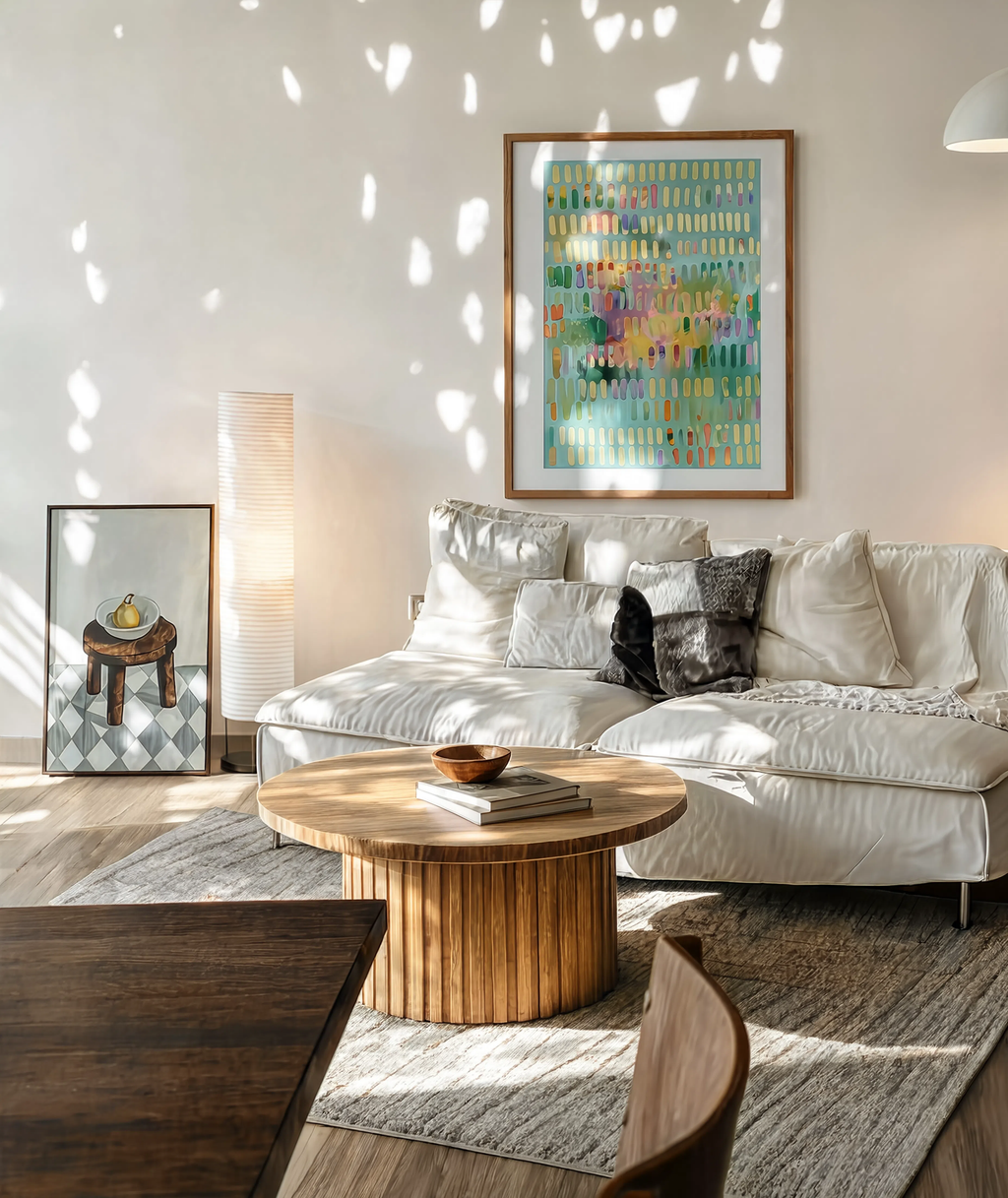 Set of 2 Dashed Pastel Abstract & Stool with Ceramic Bowl | Modern Abstract & Minimalist Wall Art