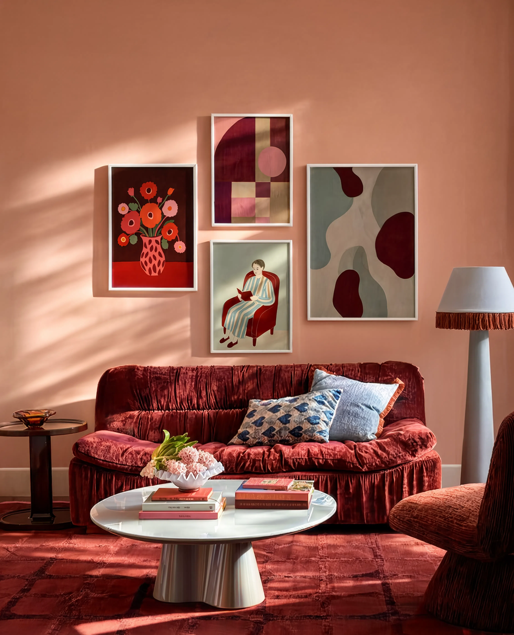 Set of 4 Burgundy & Figurative Forms | Contemporary Gallery Wall Art Set
