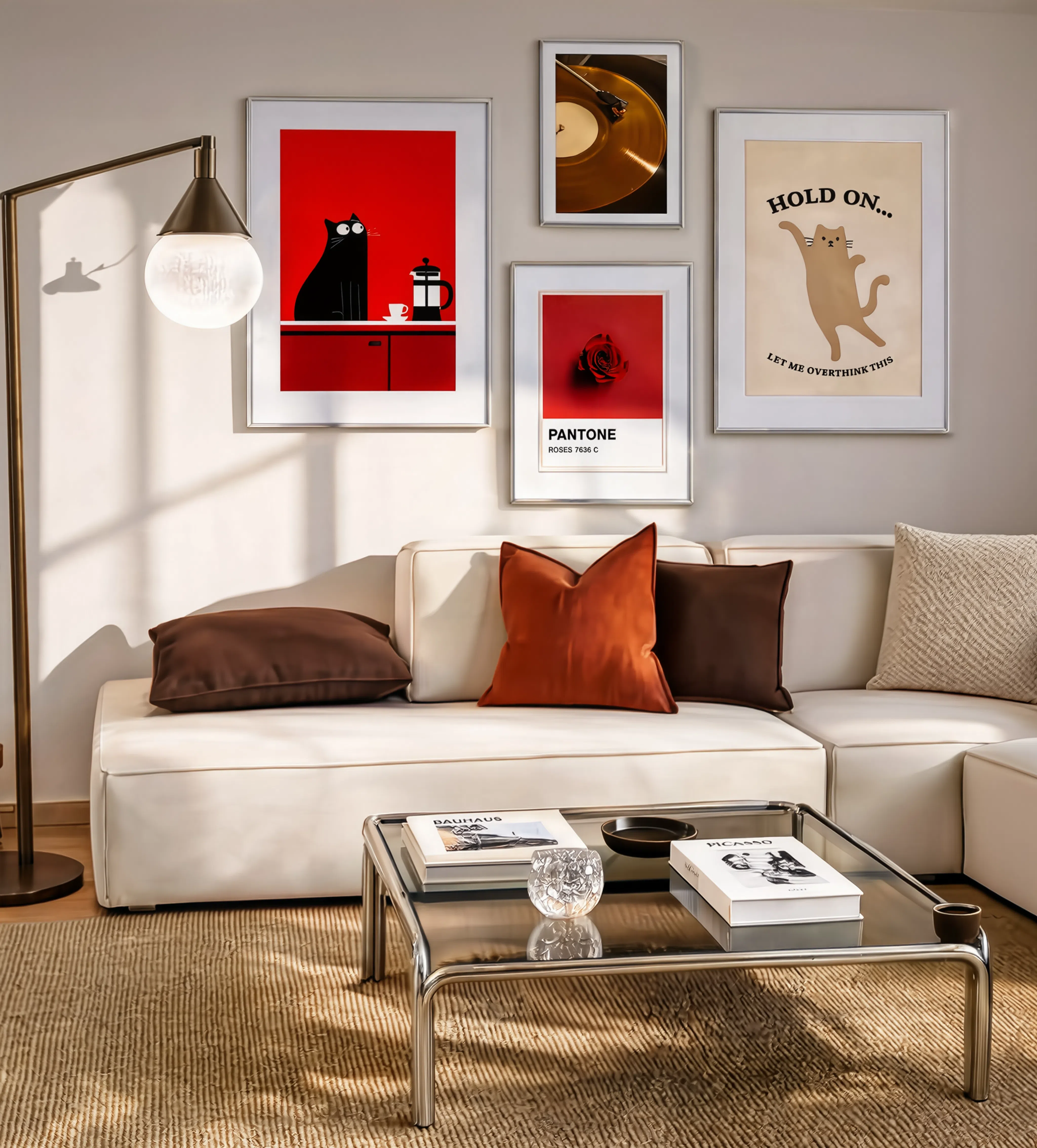 Set of 4 Modern Gallery Wall Prints – Pantone Roses, Cats & Vinyl Art