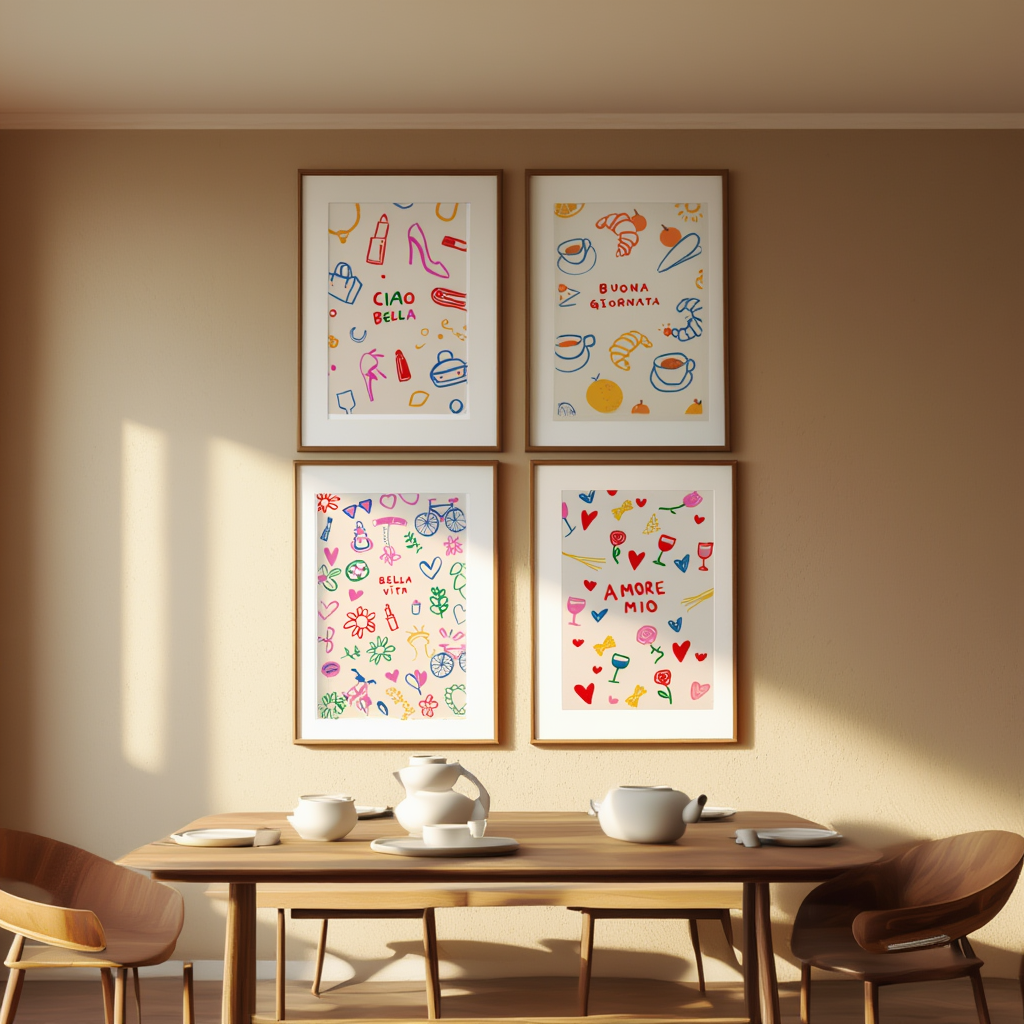 Set of 4 Italian Phrase Prints – “Amore”, “Bella Vita”, “Ciao Bella”, “Buona Giornata” Wall Art - Hakyarts