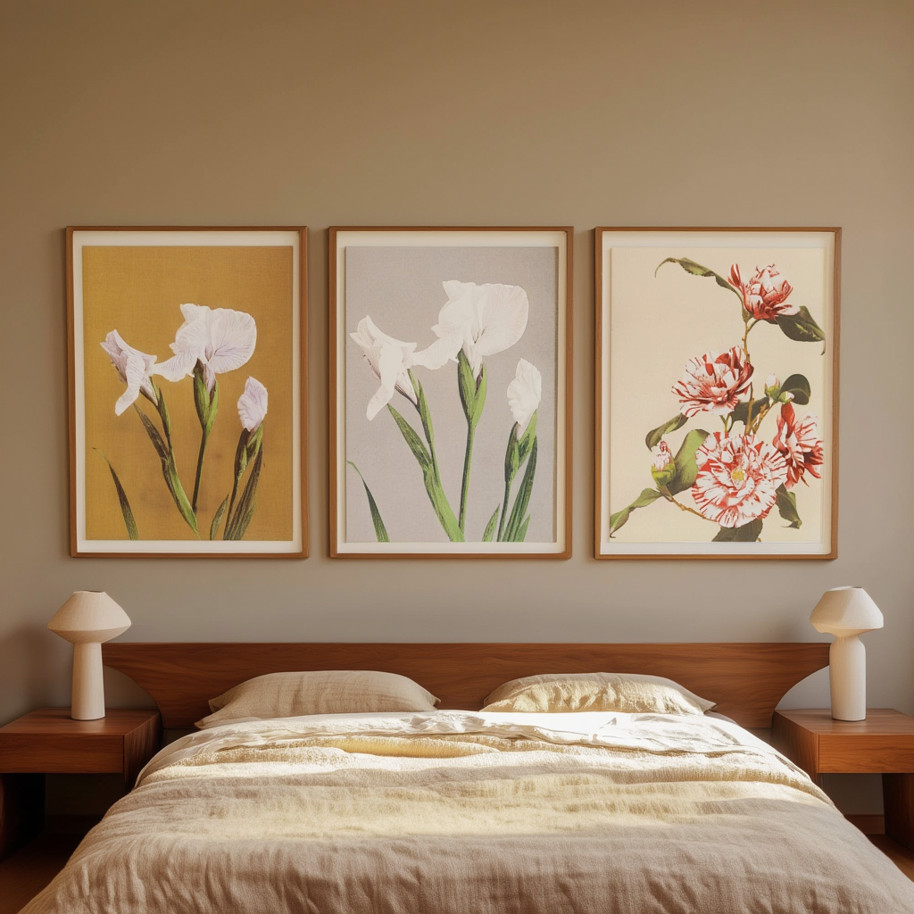 Set of 3 Floral Prints – Striped Camellias, Iris Kæmpferi & White Irises by Ogawa Kazumasa - Hakyarts