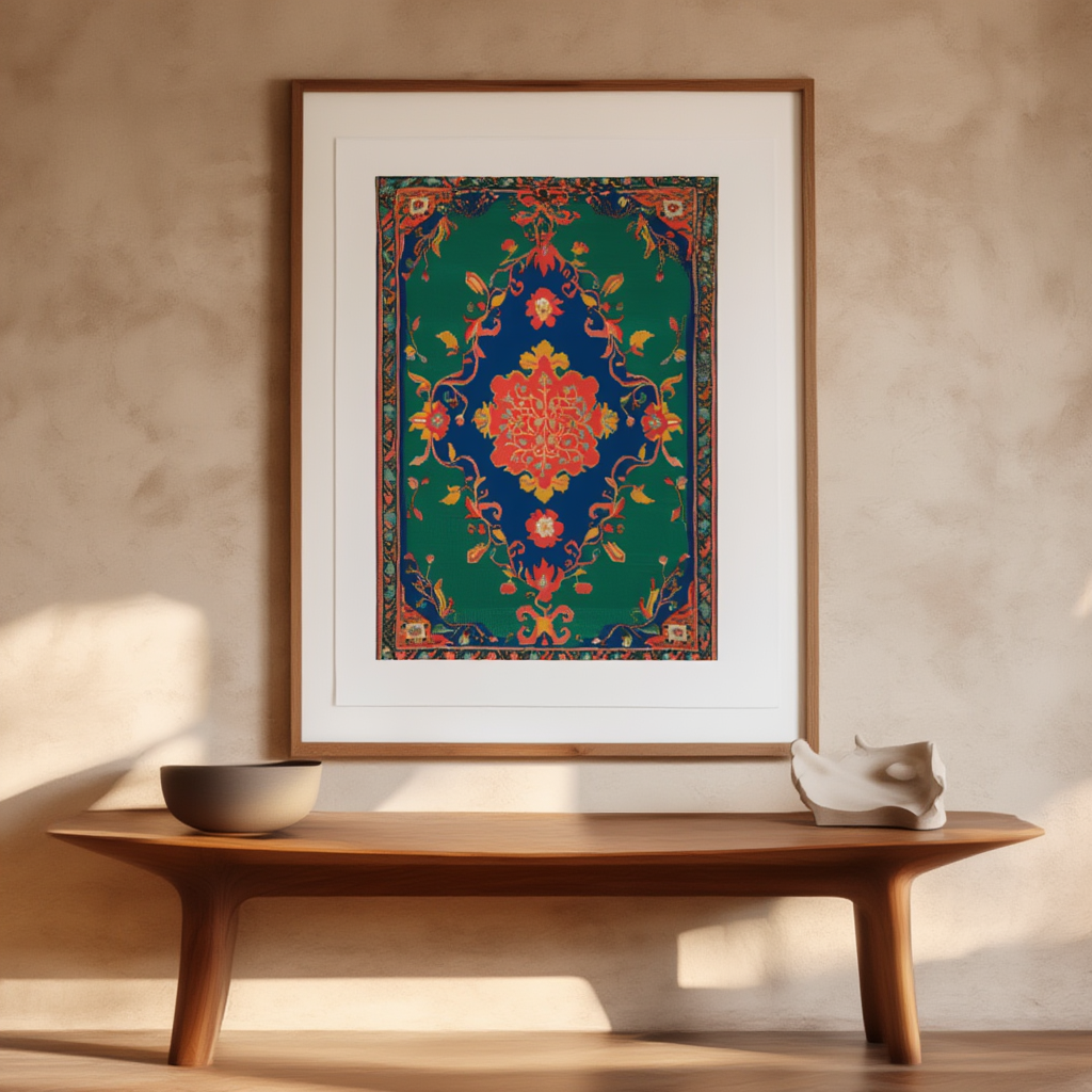 Vibrant Oushak – Emerald Rug Art Print – Orientalist-Inspired Home Decor