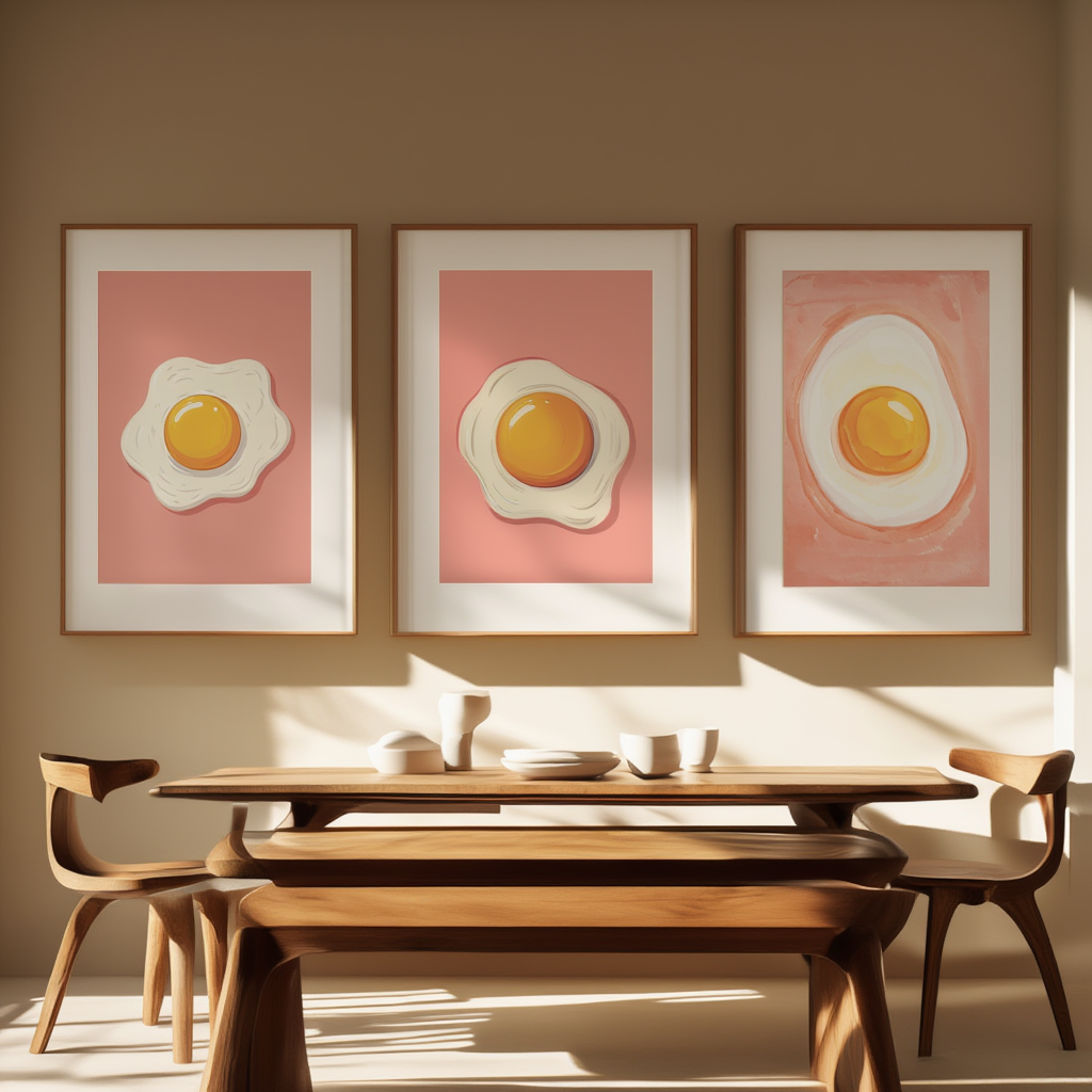 Set of 3 “Sunny Side Eggs” Prints – Playful Kitchen Wall Art - Hakyarts