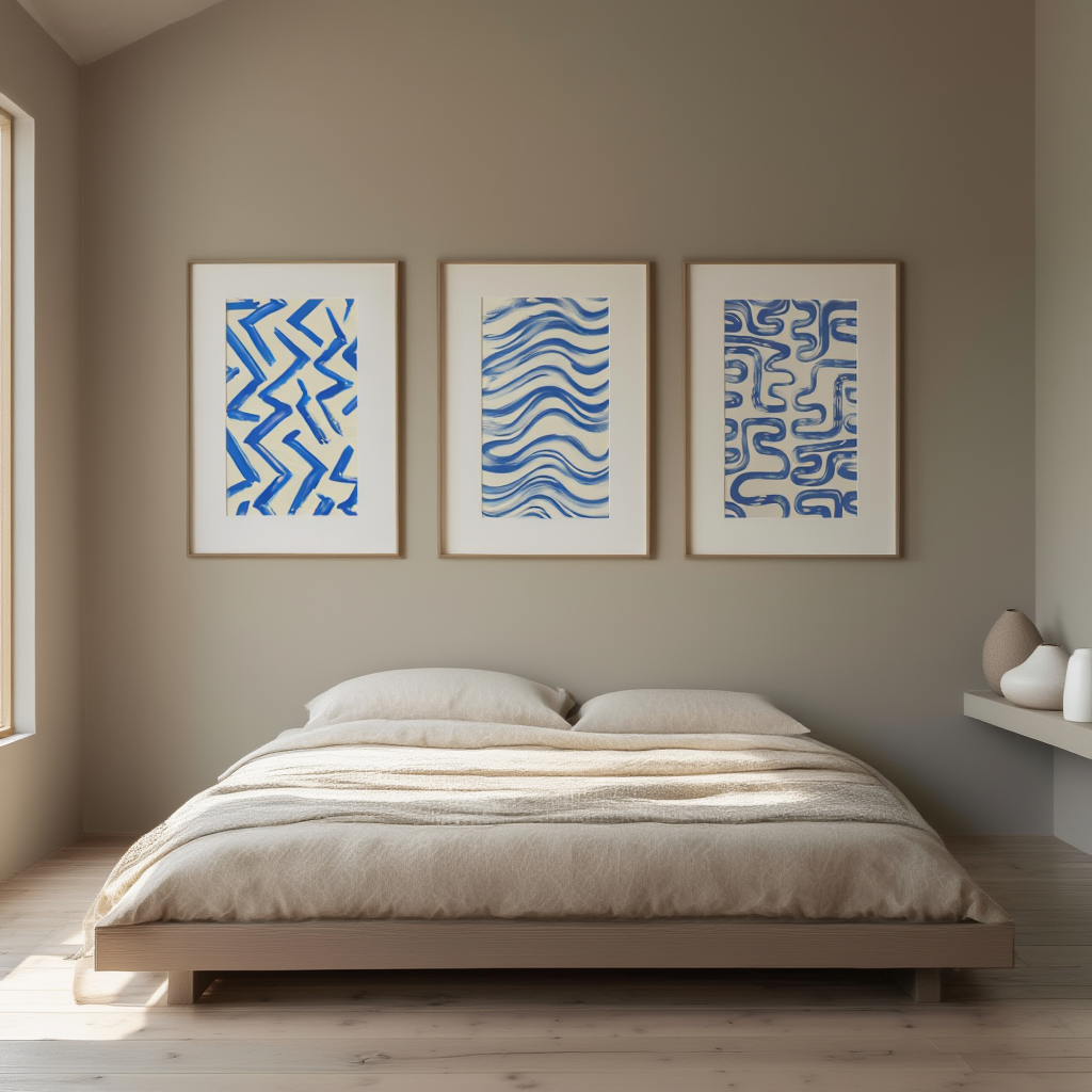 Set of 3 Modern Wall Art Prints - Geometric Blue Abstract