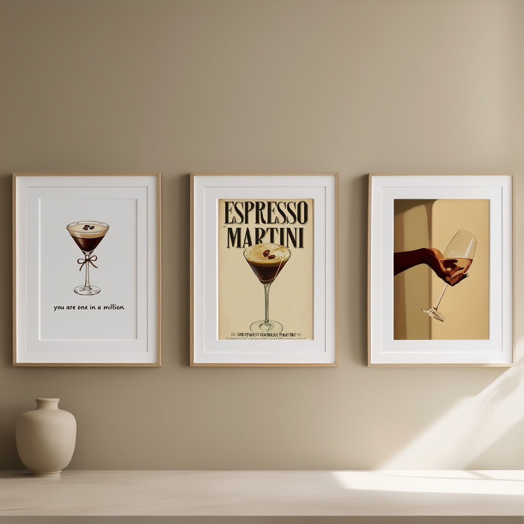 Set of 3 Espresso Martini Cocktail-Inspired Prints – Minimalist Bar Wall Art - Hakyarts