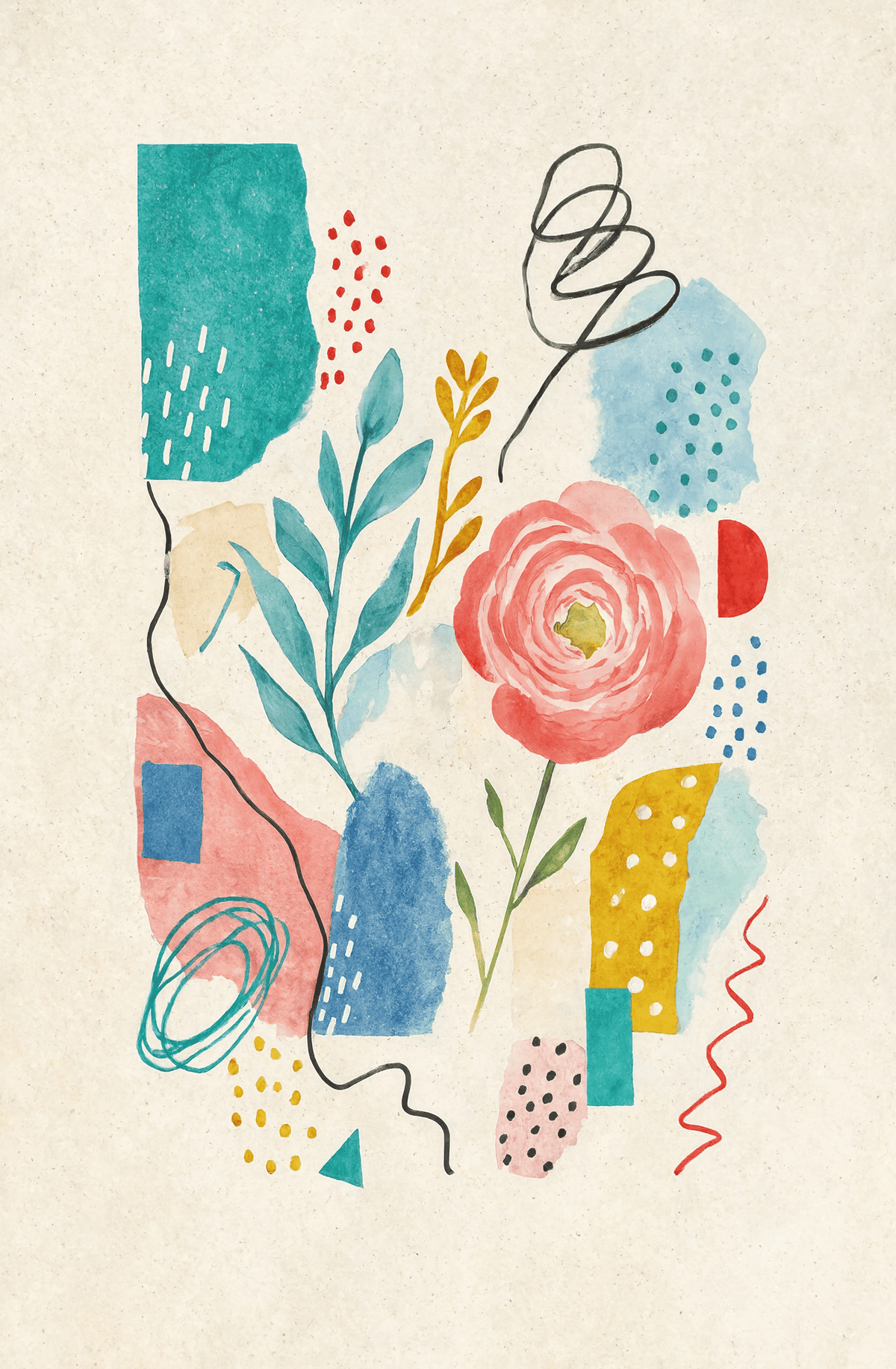 Set of 2 Mixed-Media Collage Variation 2 & Folk-Art Floral | Contemporary Mixed-Media & Botanical Wall Art Prints