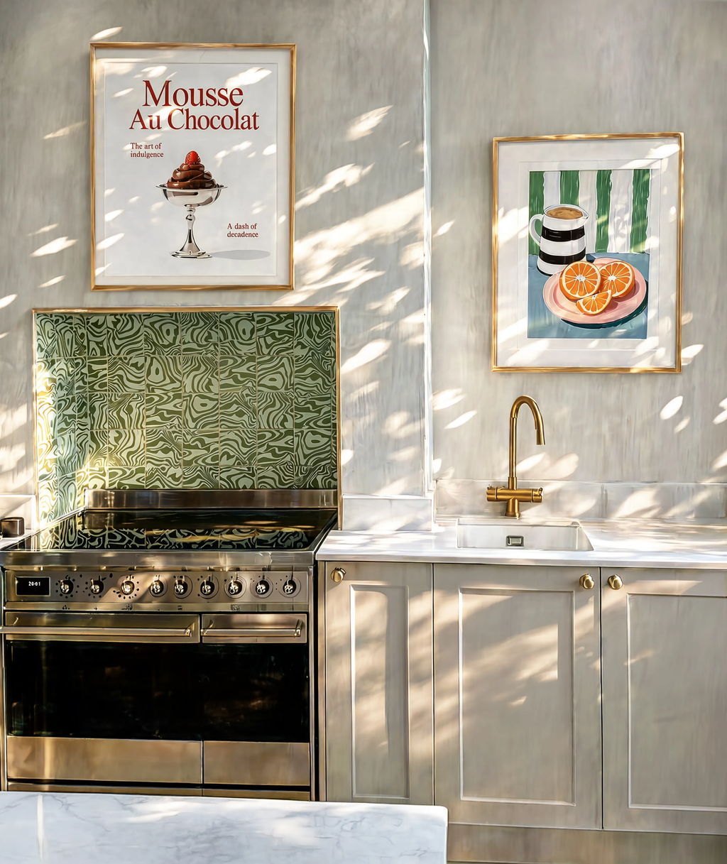 Set of 2 Still Life Sliced Oranges & Coffee + Mousse Au Chocolat | Contemporary Kitchen Wall Art Prints 50×70 cm