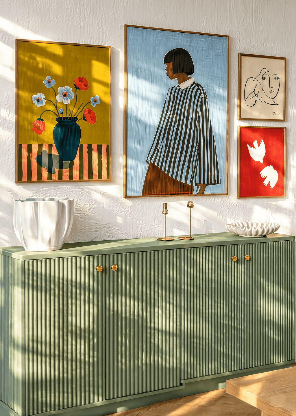 Set of 4 Earthy Floral Still Life + Figurative Striped Shirt + Woman with Dove + Two Doves in Red | Contemporary Still Life, Figurative & Bird Wall Art Prints