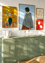 Set of 4 Earthy Floral Still Life + Figurative Striped Shirt + Woman with Dove + Two Doves in Red | Contemporary Still Life, Figurative & Bird Wall Art Prints
