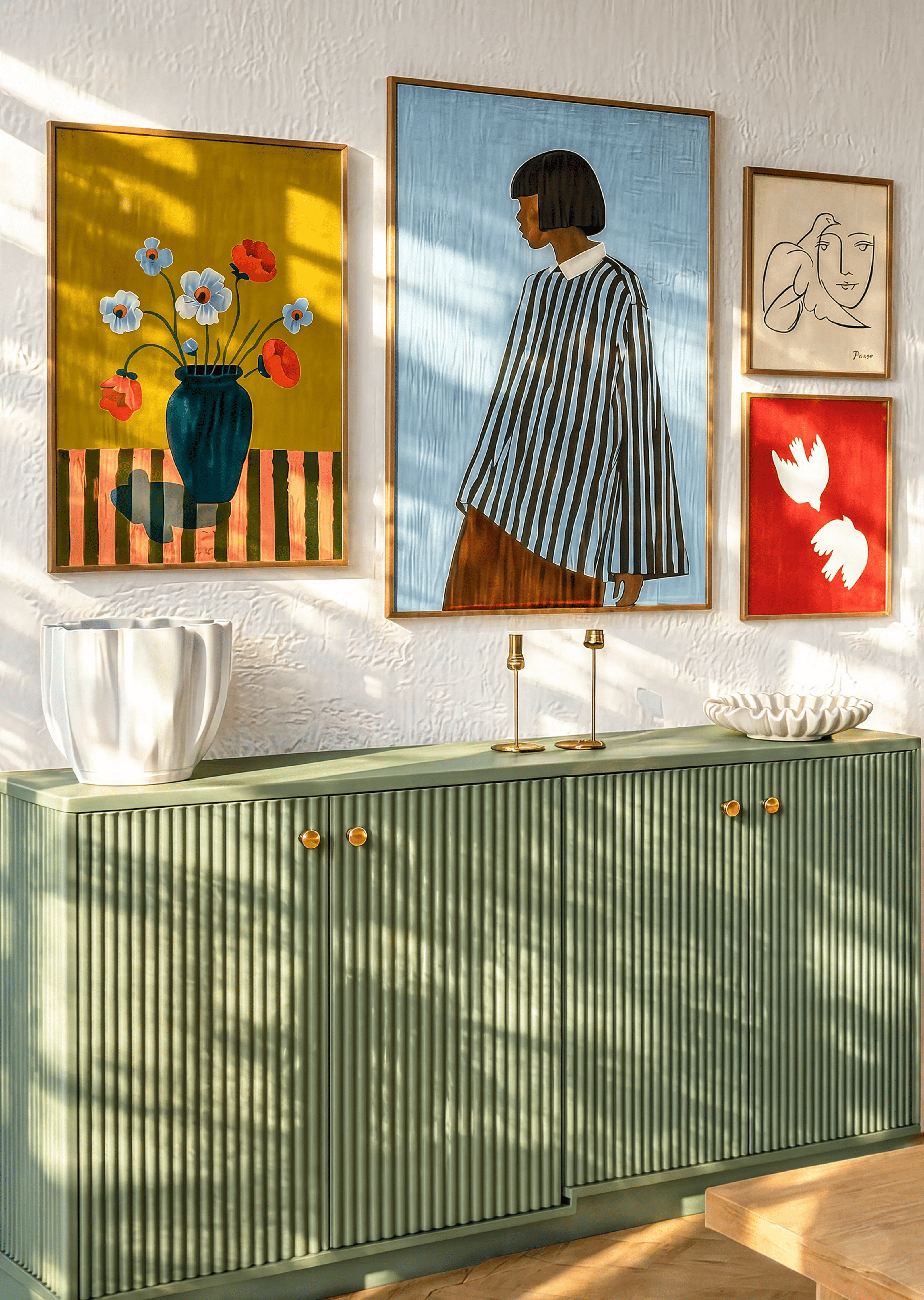 Set of 4 Earthy Floral Still Life + Figurative Striped Shirt + Woman with Dove + Two Doves in Red | Contemporary Still Life, Figurative & Bird Wall Art Prints