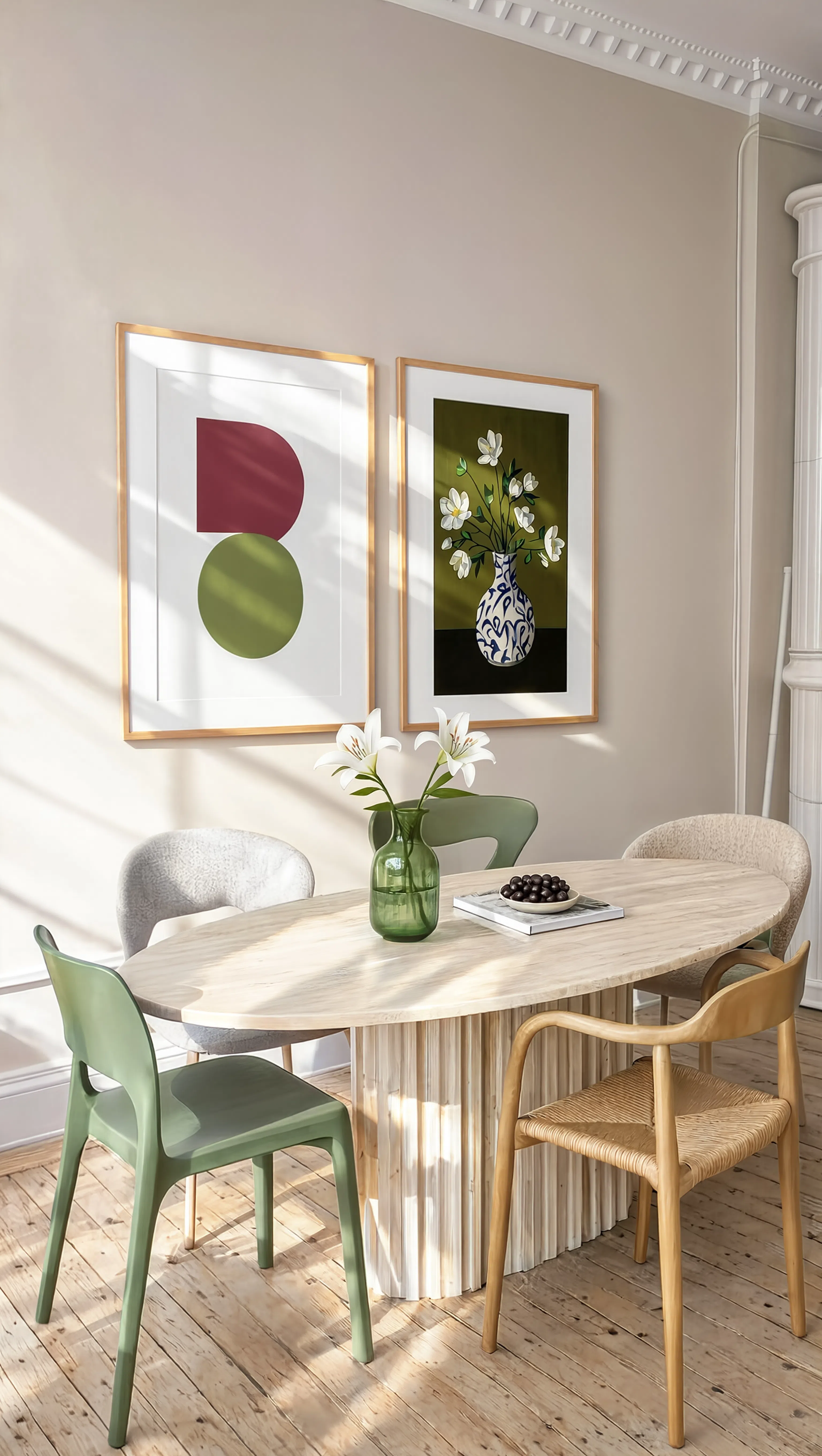 Set of 2 Warm Graphic Interior & Blossoms in Blue Vase II | Contemporary Abstract & Floral Wall Art Prints