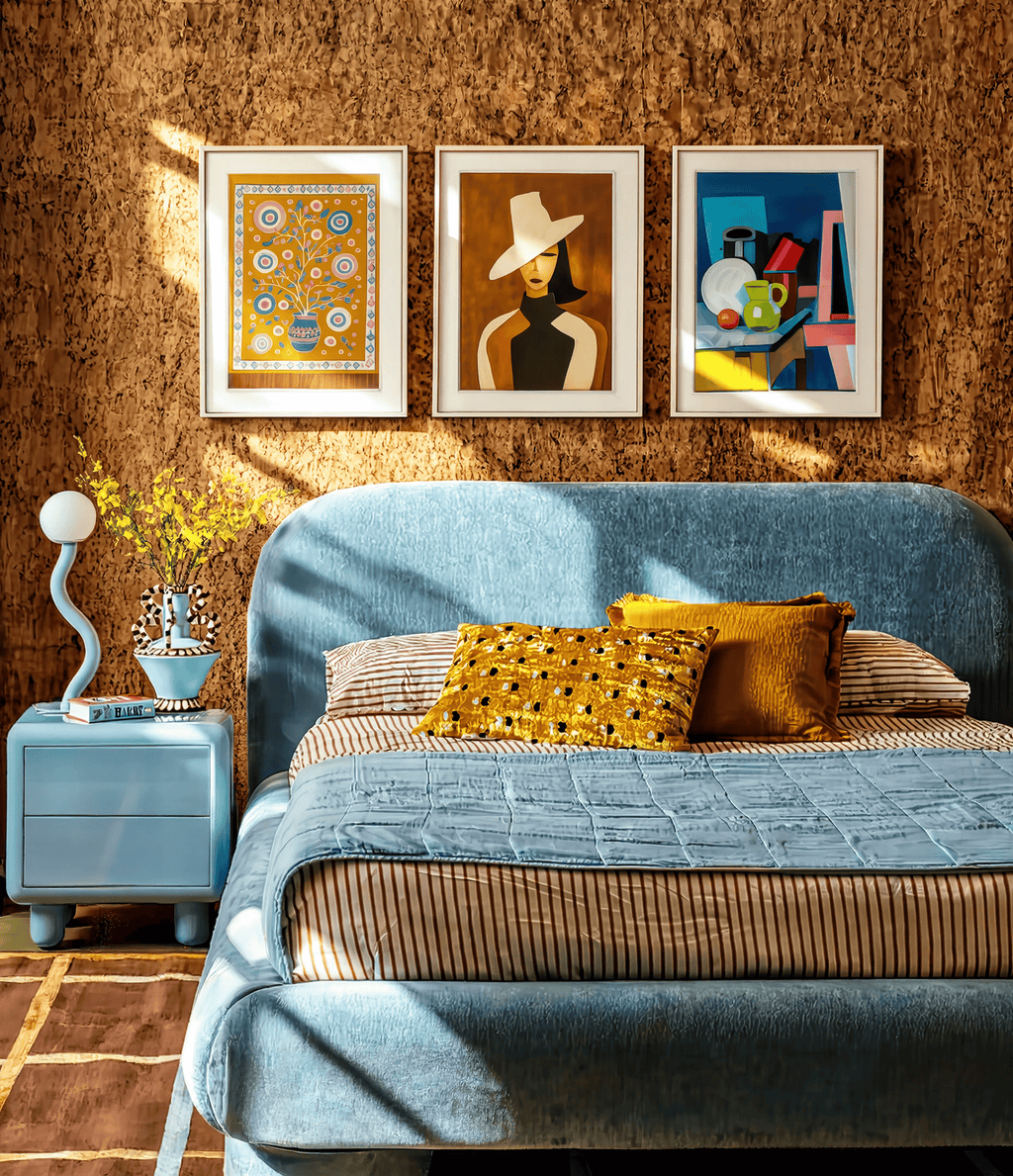 Set of 3 Earthy Folk Portrait II, Folk Bloom Panel & Vilhelm Lundstrøm – Arrangement with Orange, Jar and Yellow Jug | Contemporary Figurative, Botanical & Still Life Wall Art Prints