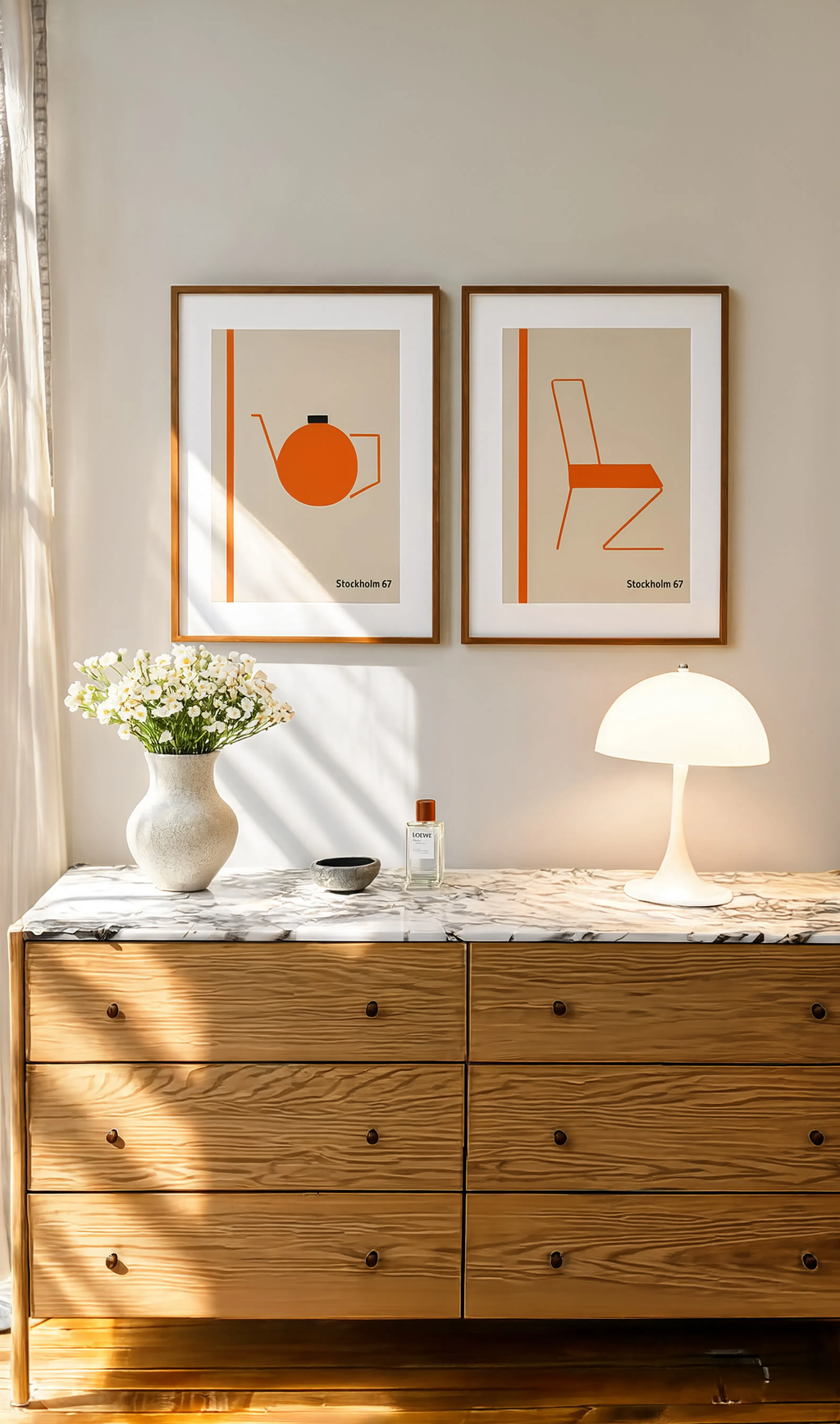 Set of 2 Orange Chair – Stockholm & Orange Teapot Prints | Contemporary Scandinavian & Kitchen Wall Art Set