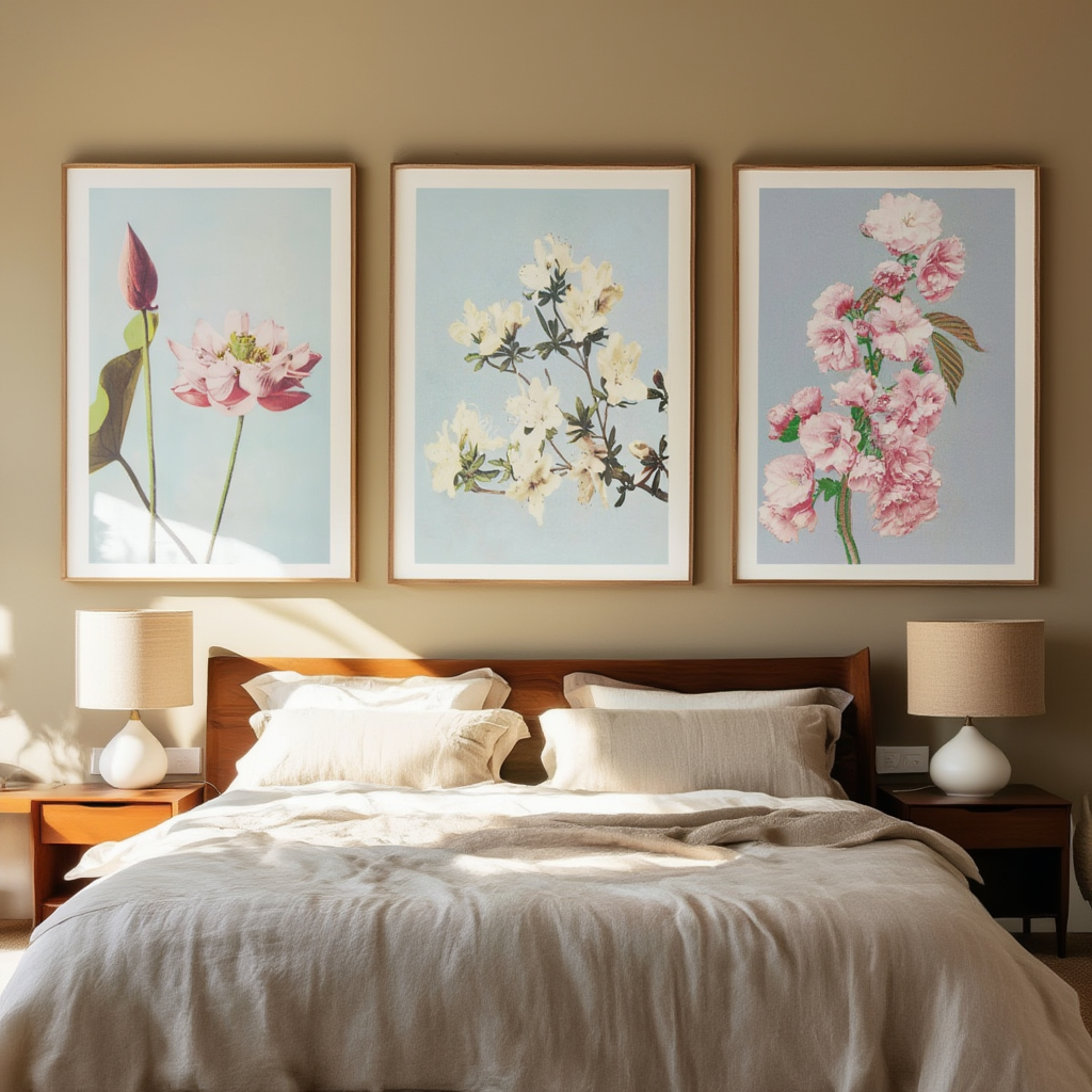 Set of 3 Floral Prints – Cherry Blossom, Azaleas & Lotus Flowers by Ogawa Kazumasa - Hakyarts