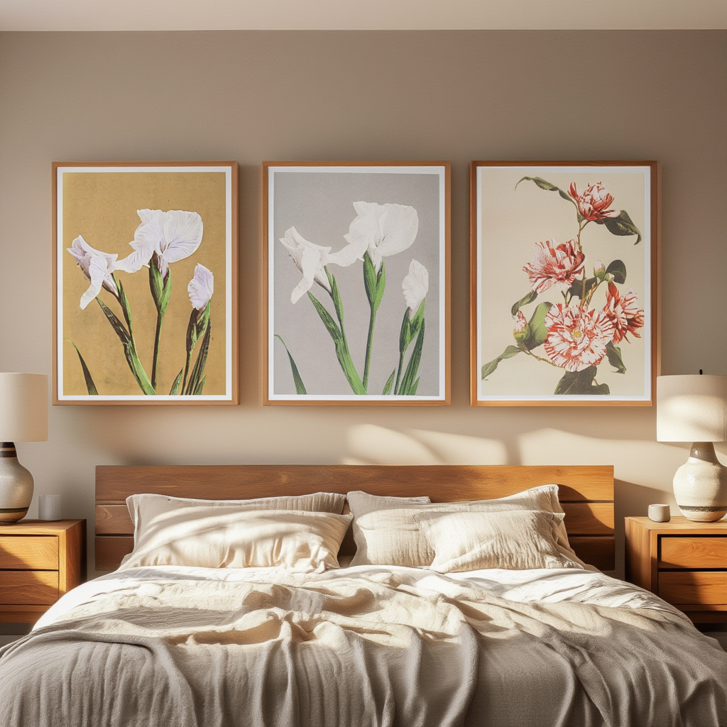 Set of 3 Floral Prints – Striped Camellias, Iris Kæmpferi & White Irises by Ogawa Kazumasa - Hakyarts
