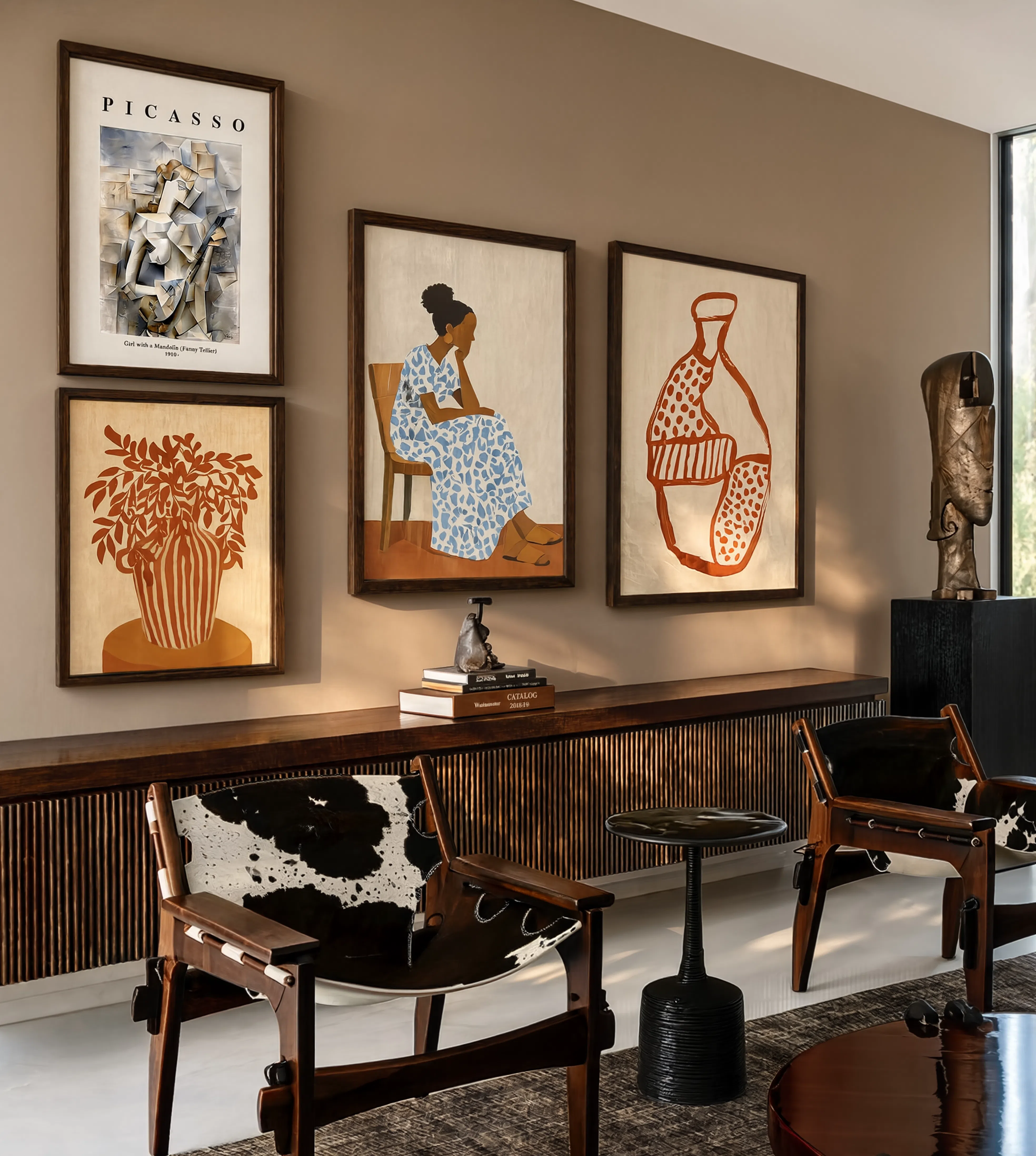 Set of 4 Terracotta Vessel Study II, Graceful Reflection, Girl with a Mandolin & Striped Vase | Contemporary Still Life, Figurative & Cubist Wall Art Prints