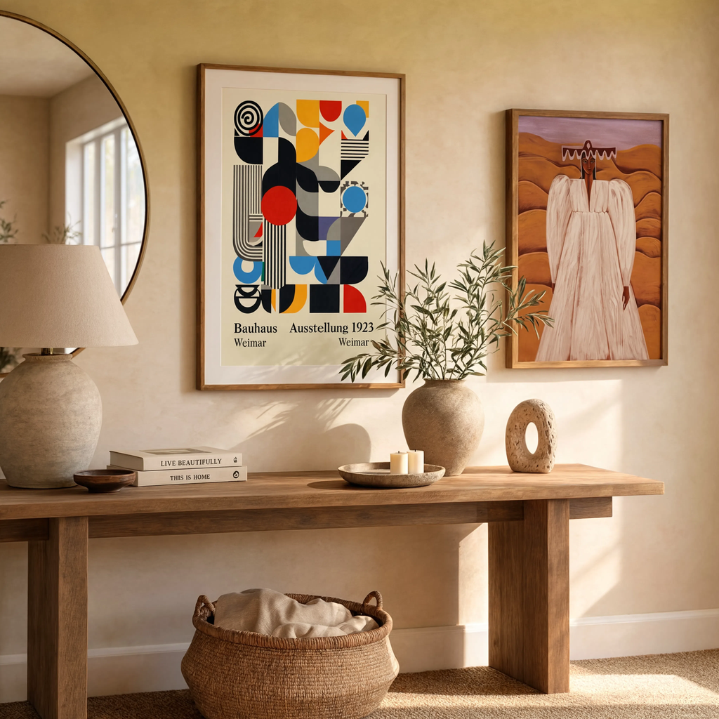 Set of 2 Wall Art Prints – Desert Revenue Figurative Art & Primary Balance Bauhaus Abstract Composition