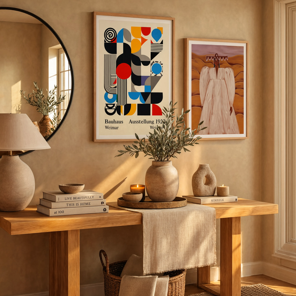 Set of 2 Wall Art Prints – Desert Revenue Figurative Art & Primary Balance Bauhaus Abstract Composition
