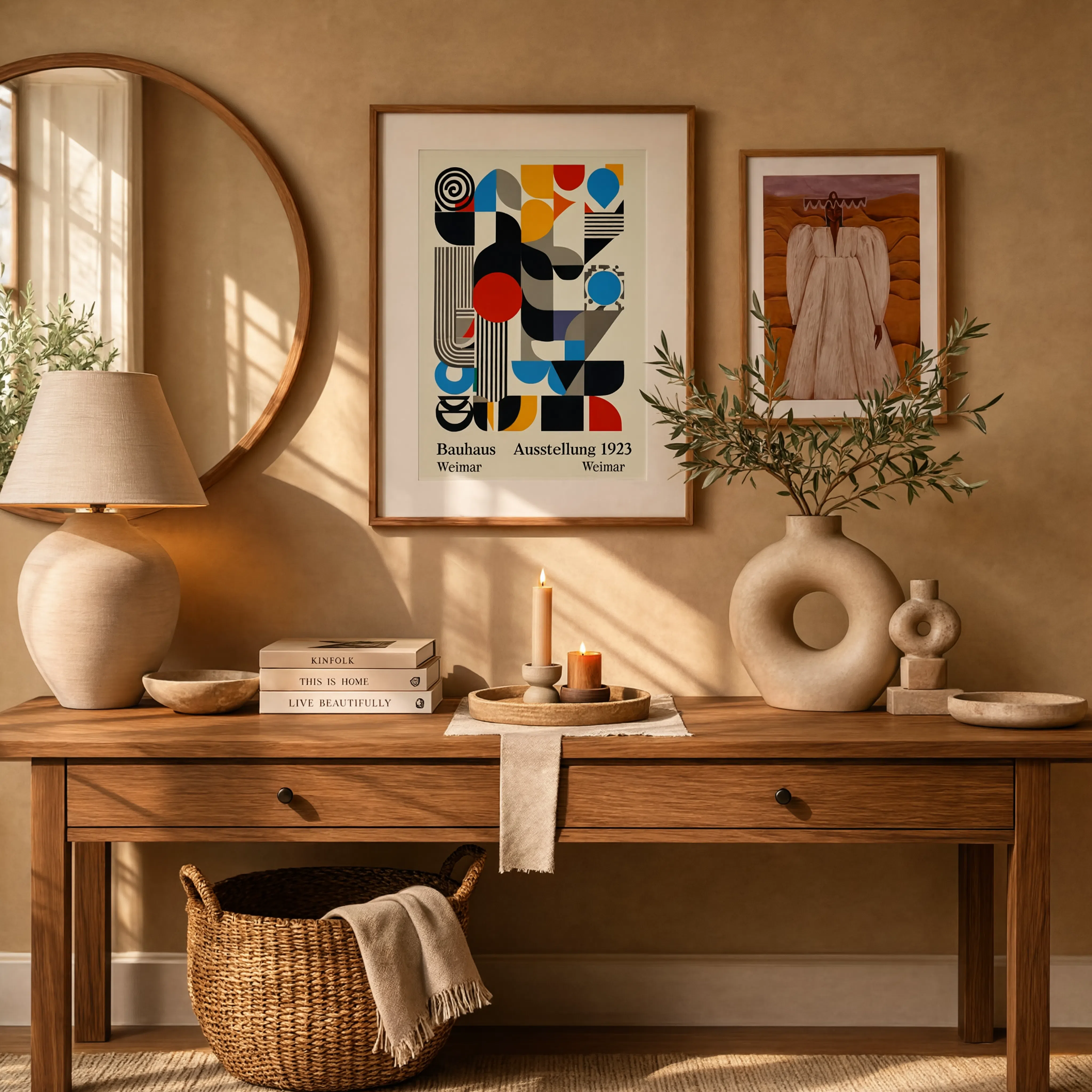 Set of 2 Wall Art Prints – Desert Revenue Figurative Art & Primary Balance Bauhaus Abstract Composition