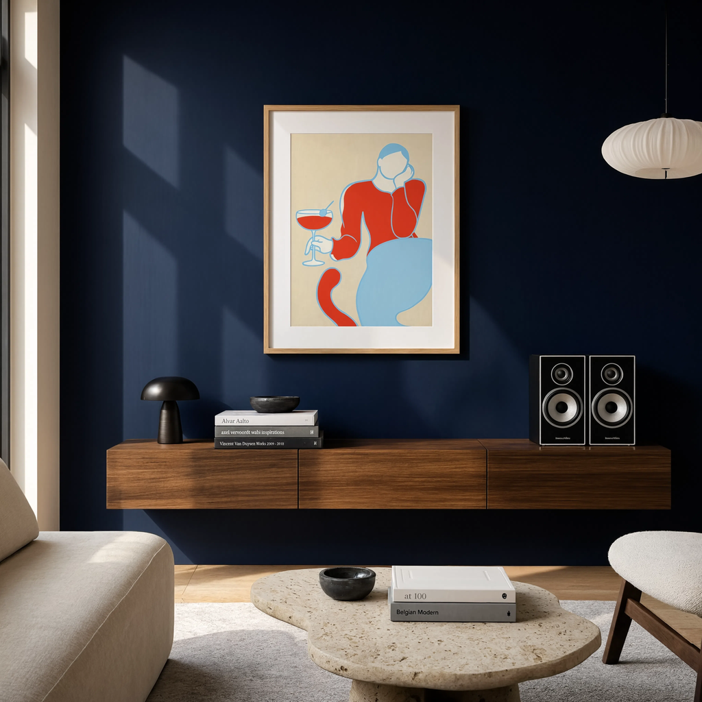 Red & Pale Blue Figurative Woman | Contemporary Wall Art Print