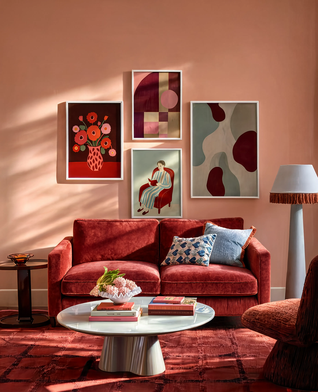 Set of 4 Burgundy & Figurative Forms | Contemporary Gallery Wall Art Set