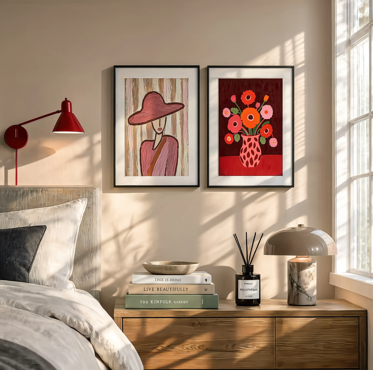 Set of 2 Poppy Bouquet Still Life & Burgundy Hat | Contemporary Floral & Figurative Art Prints