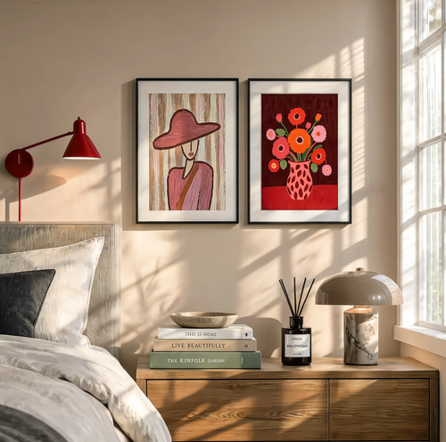 Set of 2 Poppy Bouquet Still Life & Burgundy Hat | Contemporary Floral & Figurative Art Prints