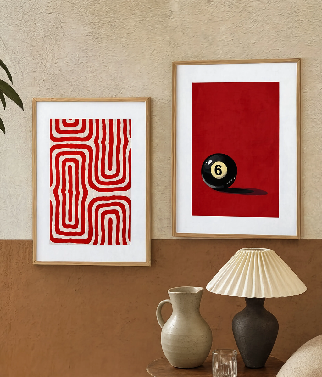 Set of 2 Red Abstract Wall Art Prints – Geometric Maze & Black Pool Ball Number 6 Minimalist Gallery Set