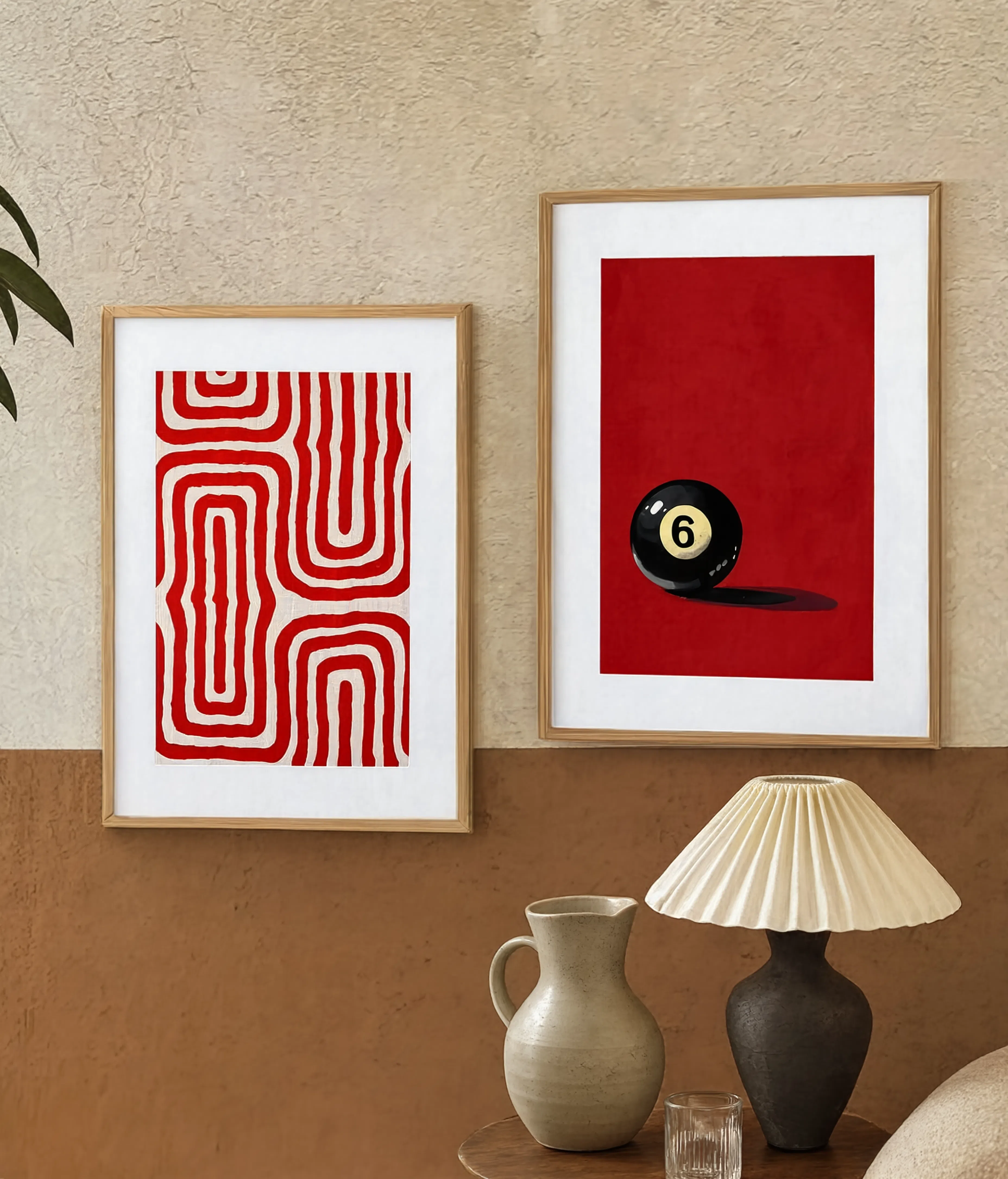 Set of 2 Red Abstract Wall Art Prints – Geometric Maze & Black Pool Ball Number 6 Minimalist Gallery Set
