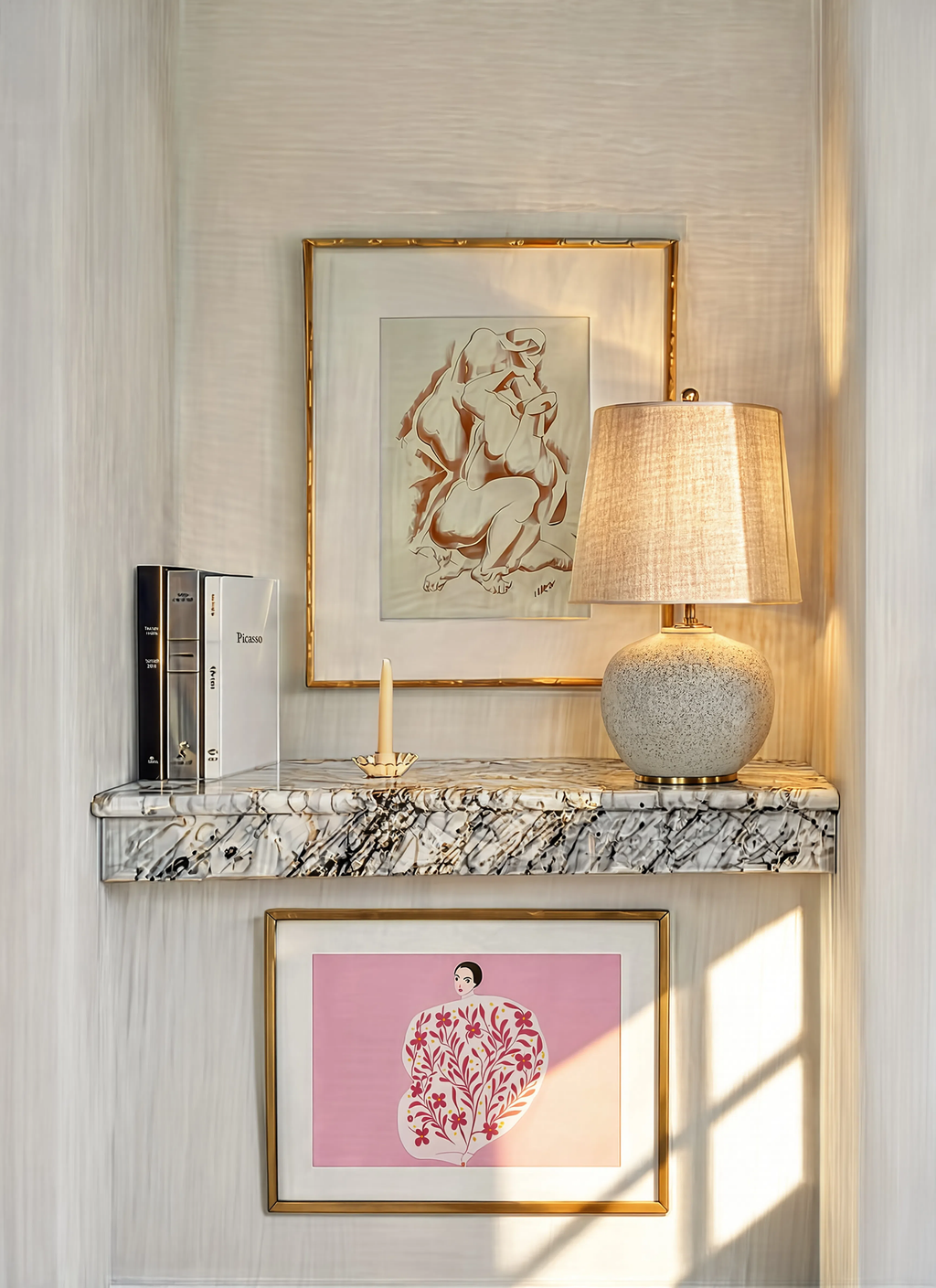 Set of 2 Pink Floral Figure & Nude 4 After Auguste Rodin | Contemporary Botanical & Classic Sculpture Wall Art