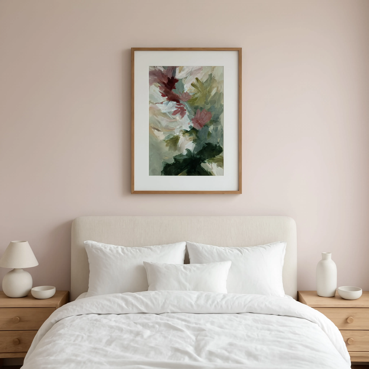 Painterly Blooms in Blush and Forest | Contemporary Floral Wall Art Print