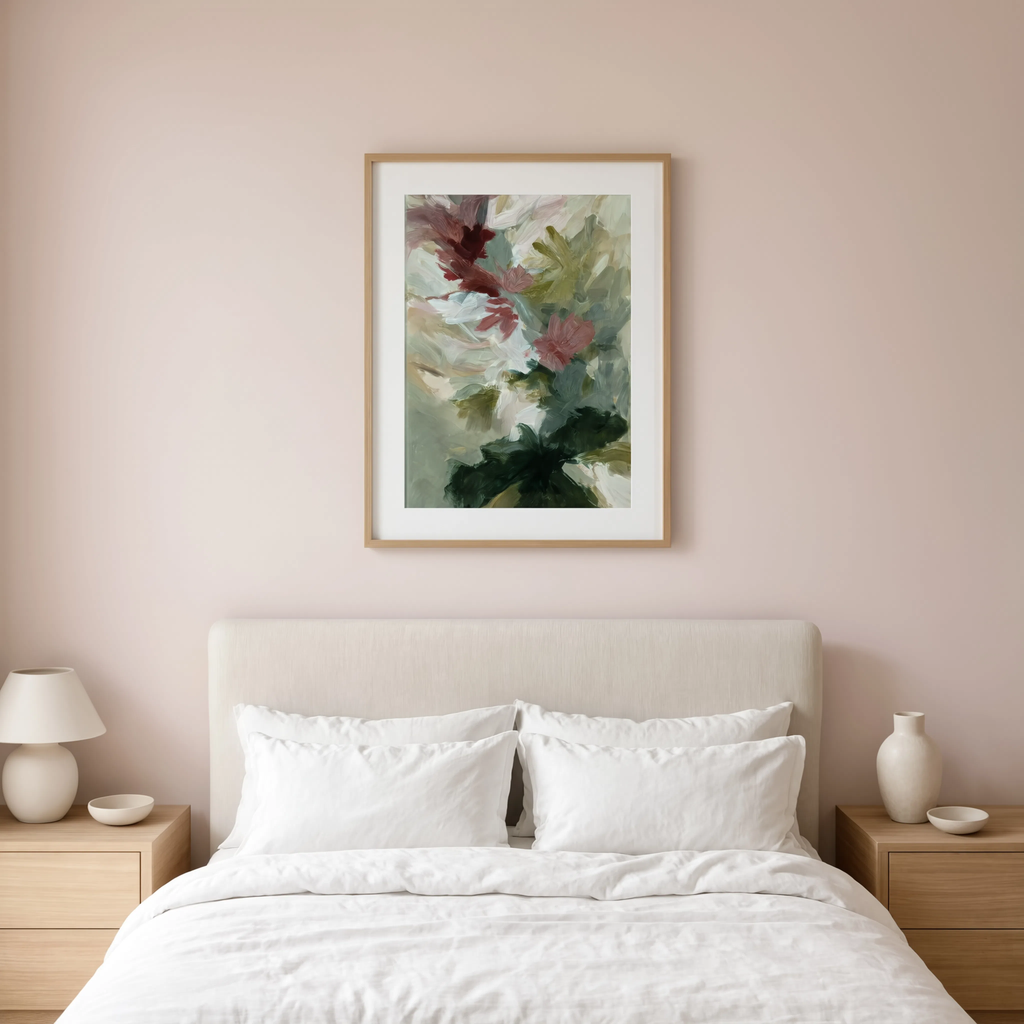 Painterly Blooms in Blush and Forest | Contemporary Floral Wall Art Print