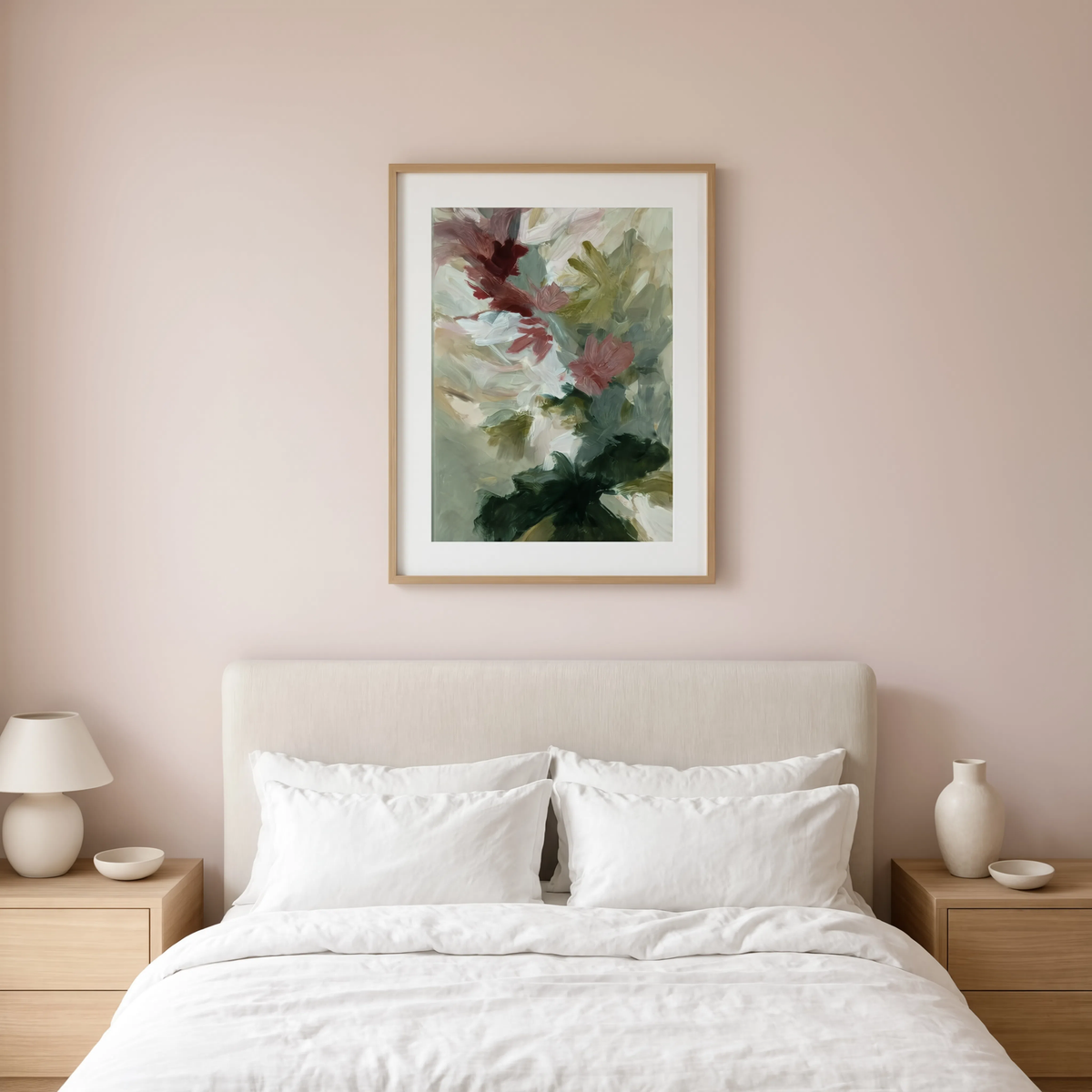 Painterly Blooms in Blush and Forest | Contemporary Floral Wall Art Print