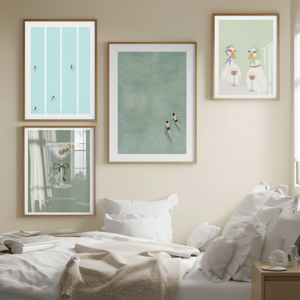 Set of 4 Duck Illustrative Prints – Swimming & Olives – Whimsical Wall Art - Hakyarts