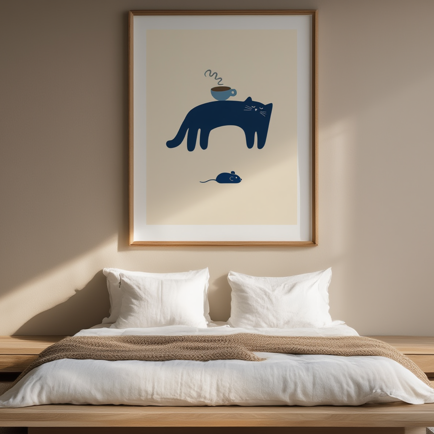 Blue Cat with Coffee – Minimalist Wall Art Print