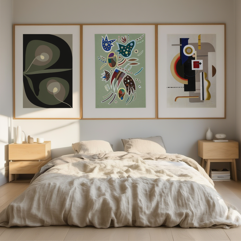 Set of 3 Modernist Abstract Prints – Maschine grau mit Pfeil II, Ohne Titel & Spiralschraubenblüten I