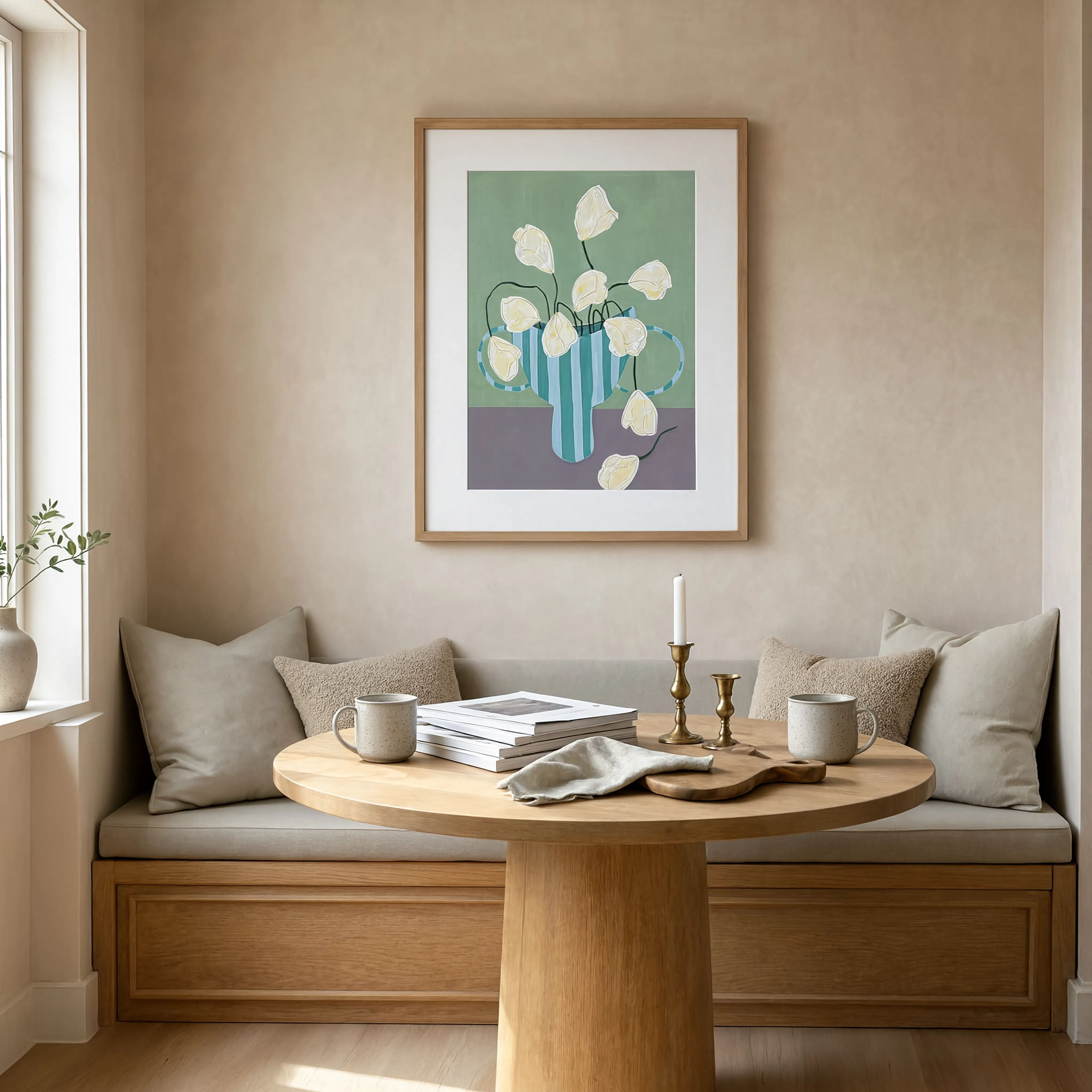 Striped Vase Floral | Sage Green | Contemporary Botanical Wall Art