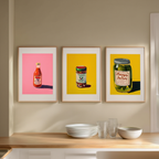 Set of 3 Kitchen-Inspired Prints – Granny’s Pickles, Tomato Juice Bottle & Preserved Delights - Hakyarts