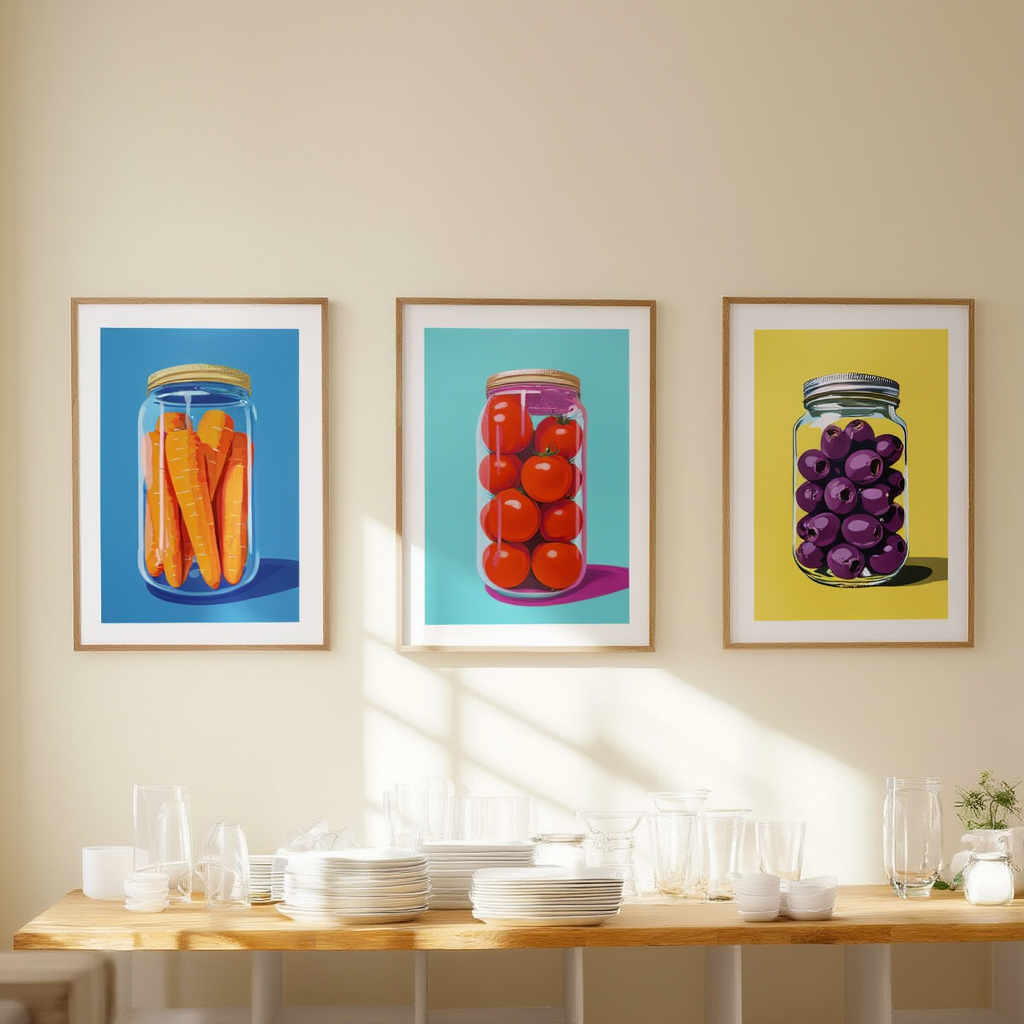 Set of 3 Pop Art Prints – Tomatoes, Carrots & Olives Jar - Hakyarts