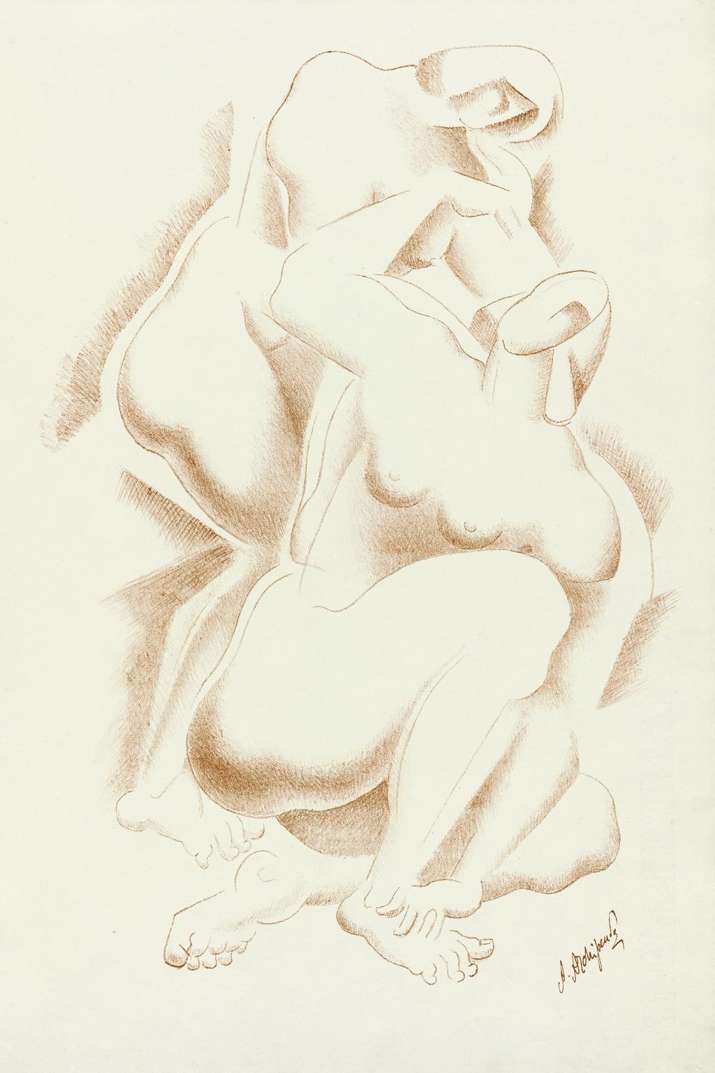Set of 2 Pink Floral Figure & Nude 4 After Auguste Rodin | Contemporary Botanical & Classic Sculpture Wall Art