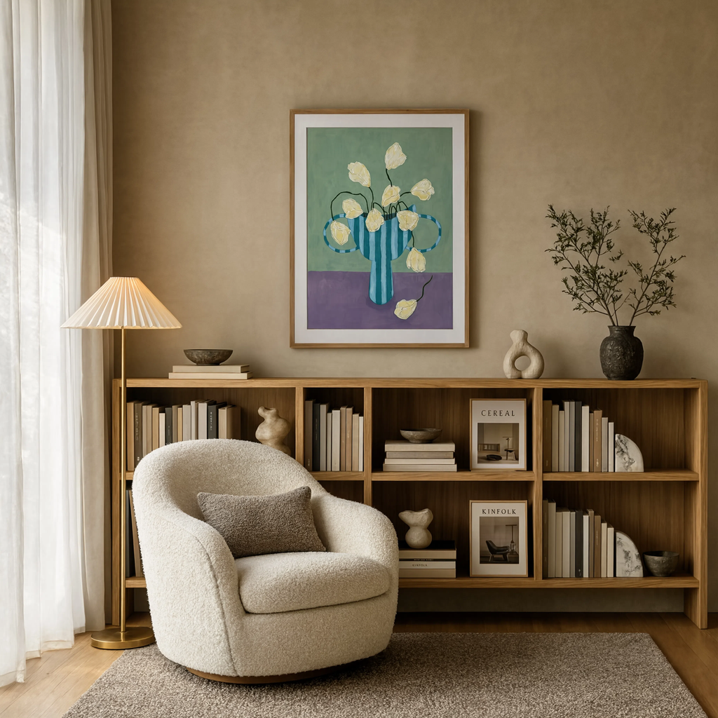 Striped Vase Floral | Dusty Blue | Contemporary Botanical Wall Art