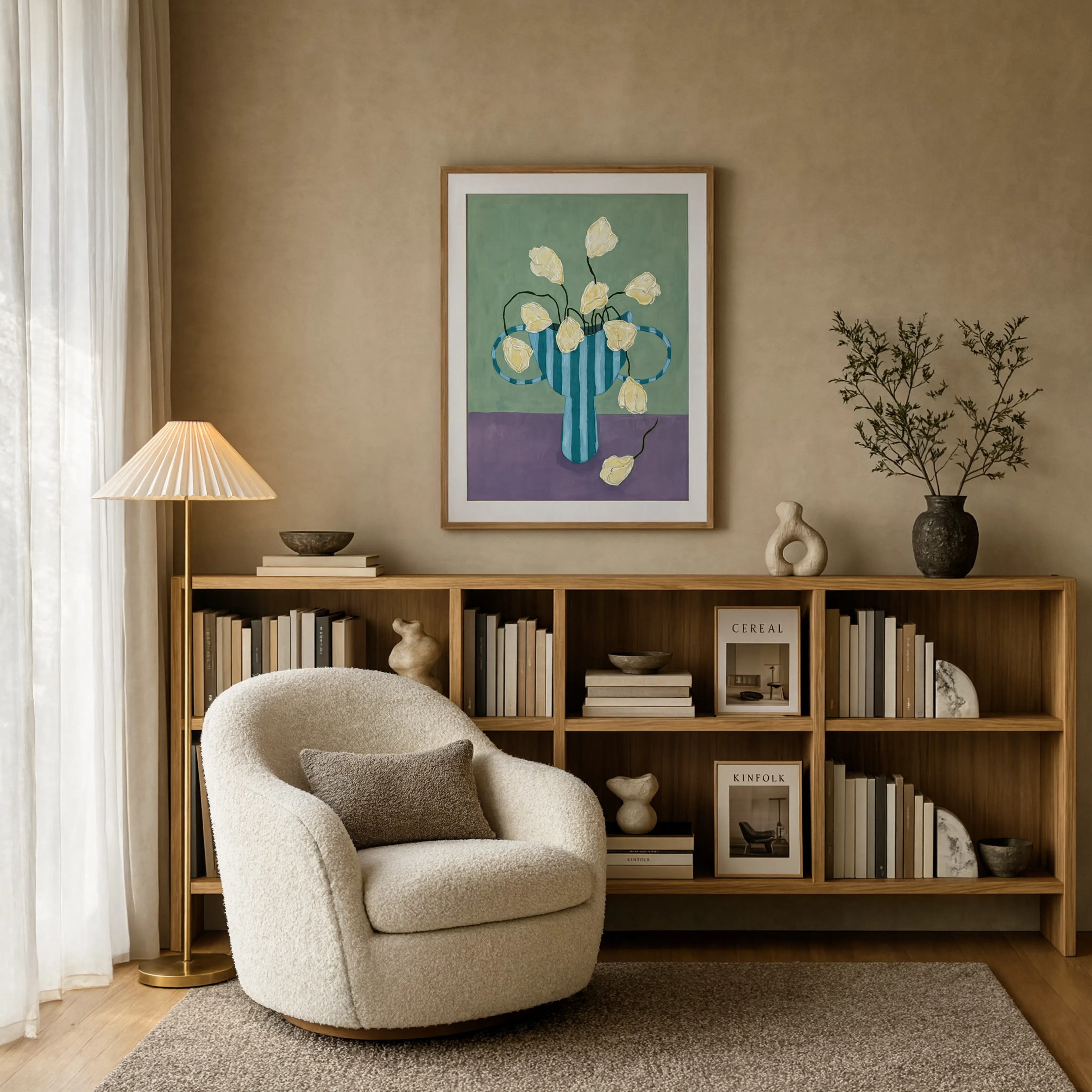 Striped Vase Floral | Dusty Blue | Contemporary Botanical Wall Art