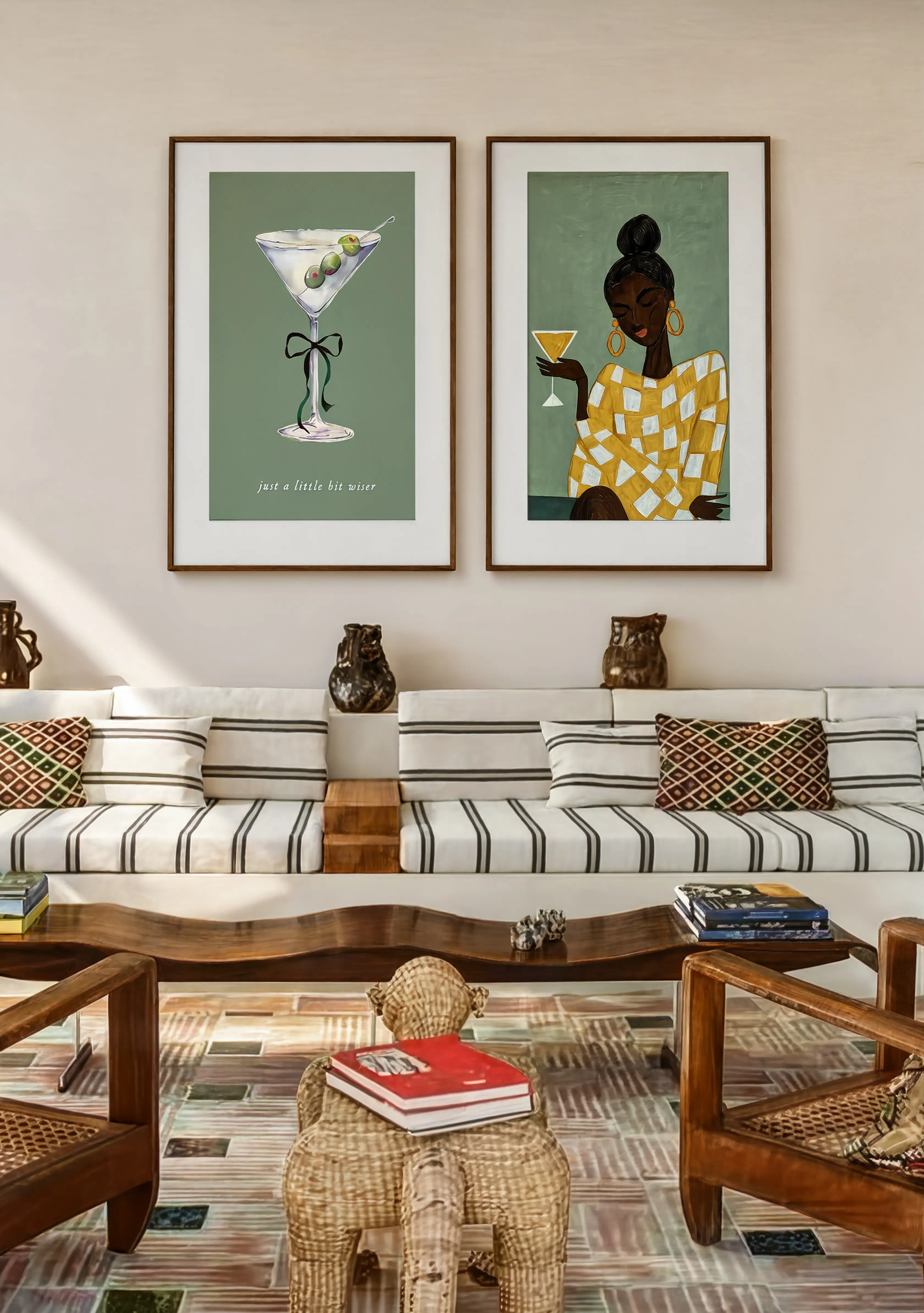 Set of 2 Cocktail Wall Art Prints | Just a Little Bit Wiser & Elegant Woman with Martini