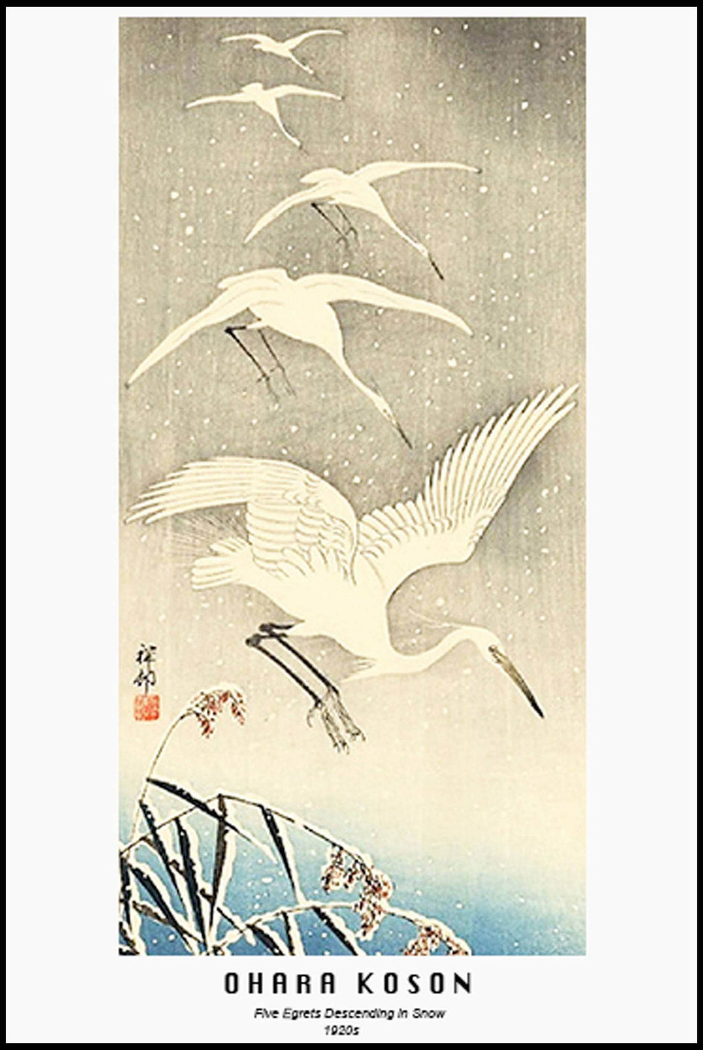 Ohara Koson - Five Egrets Descending in Snow Poster - Hakyarts