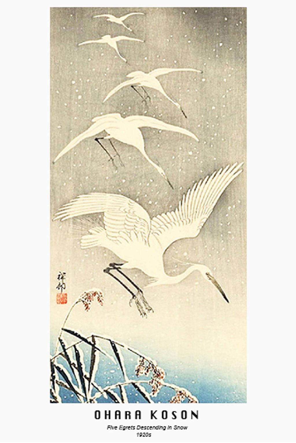 Ohara Koson - Five Egrets Descending in Snow Poster - Hakyarts