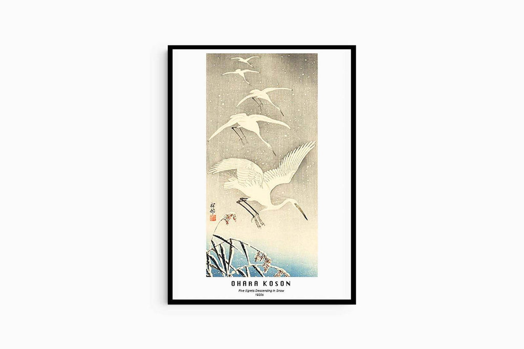 Ohara Koson - Five Egrets Descending in Snow Poster - Hakyarts