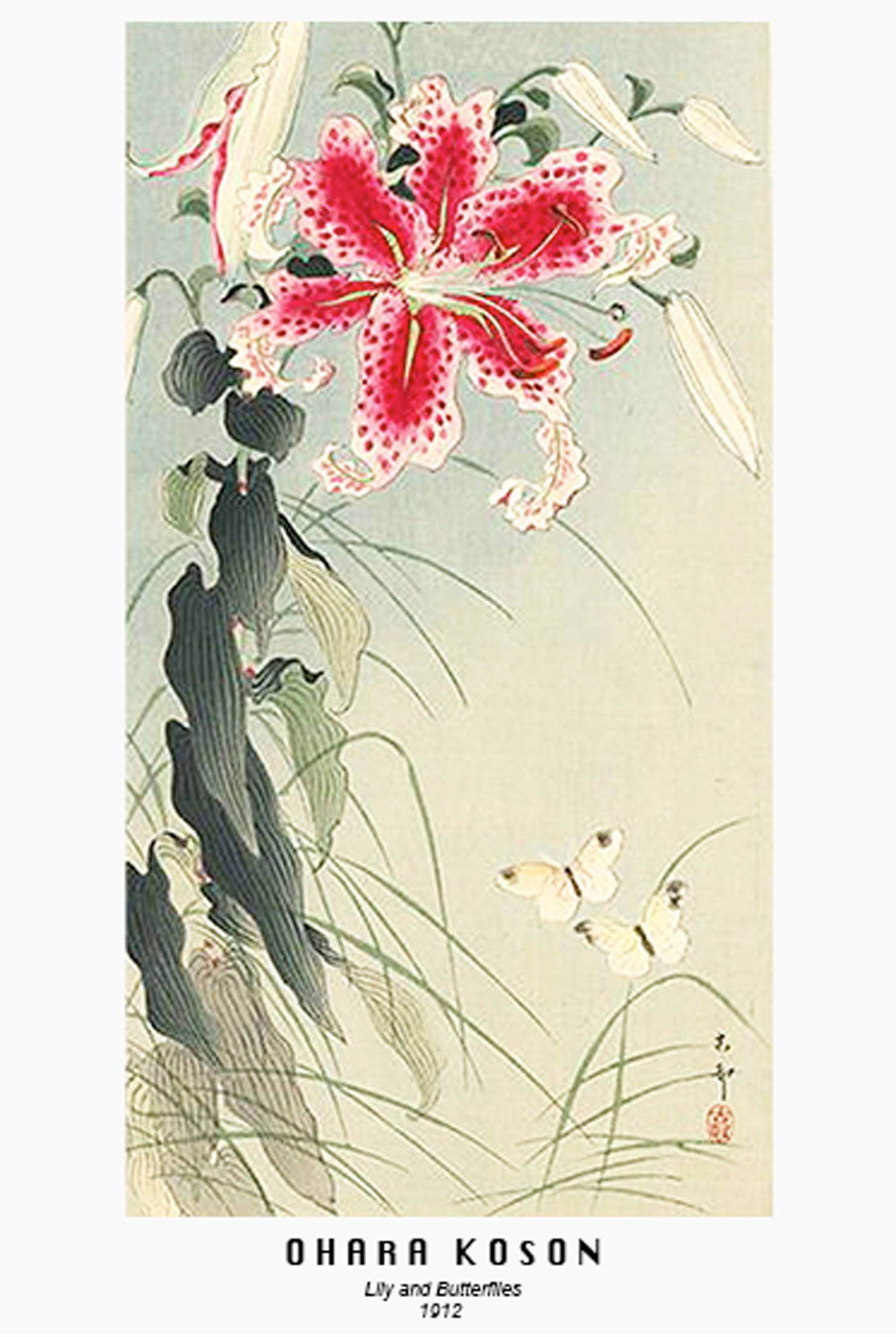 Ohara Koson - Lily and Butterflies Poster - Hakyarts