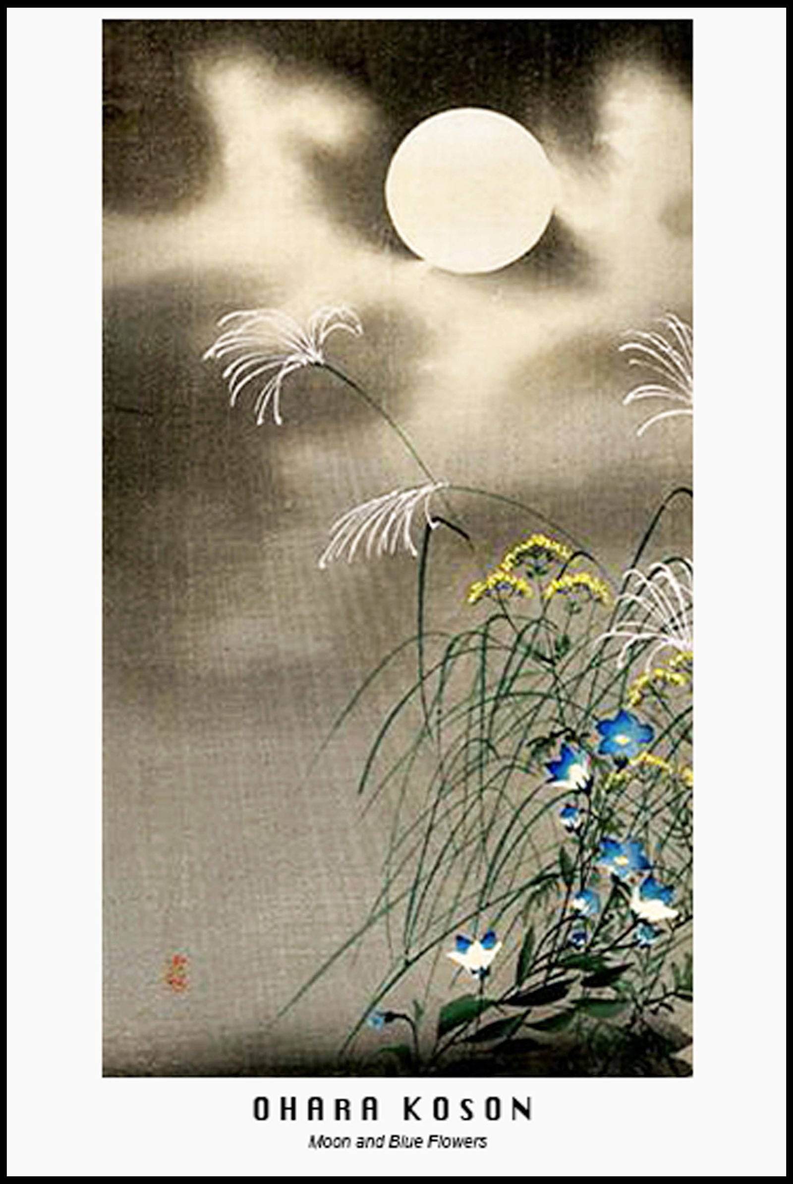 Ohara Koson - Moon and Blue Flowers Poster - Hakyarts